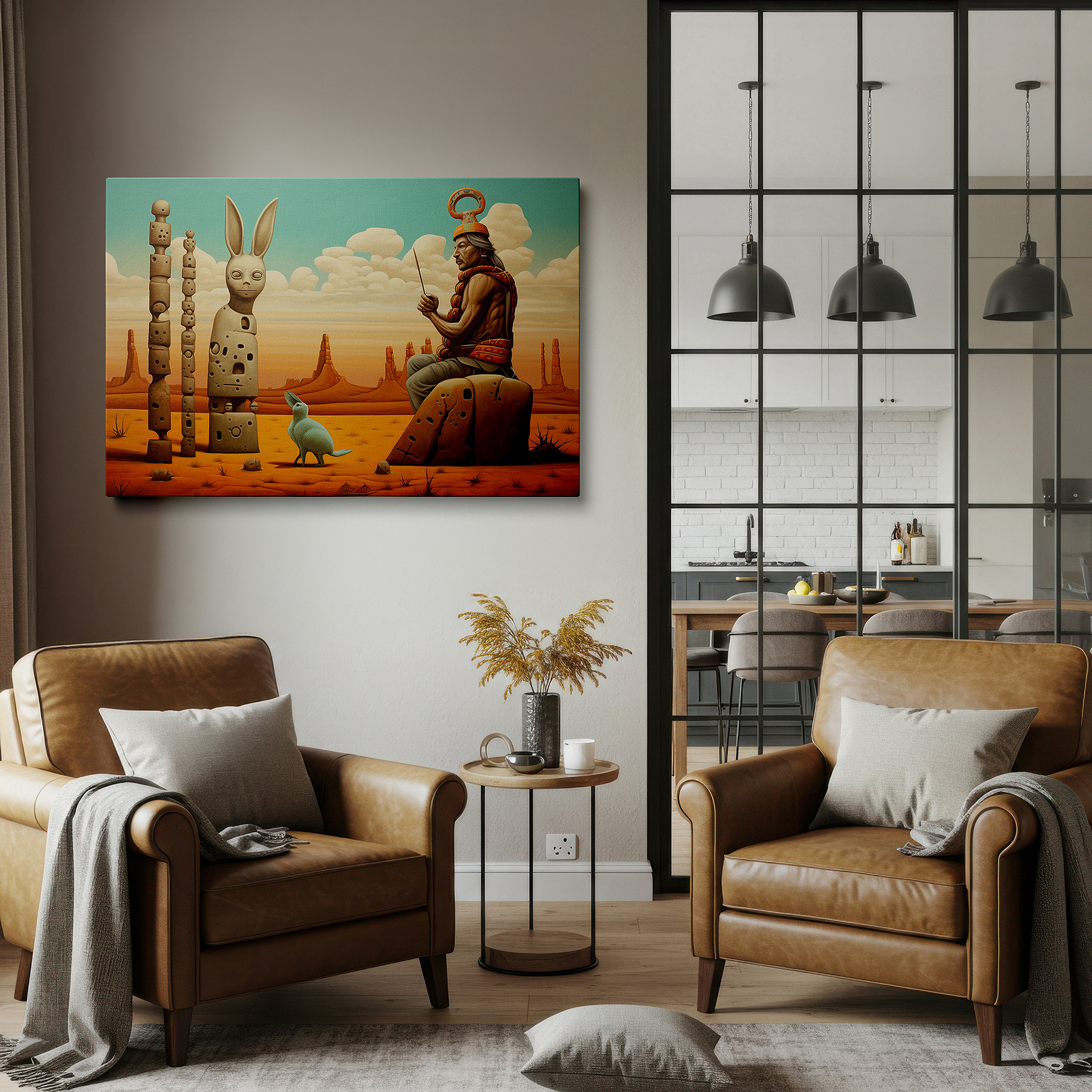 Framed by abstract decor and natural-toned accessories — abstract desert conversation: human and rabbit figures in a vibrant landscape - large canvas wall art for home and office decor