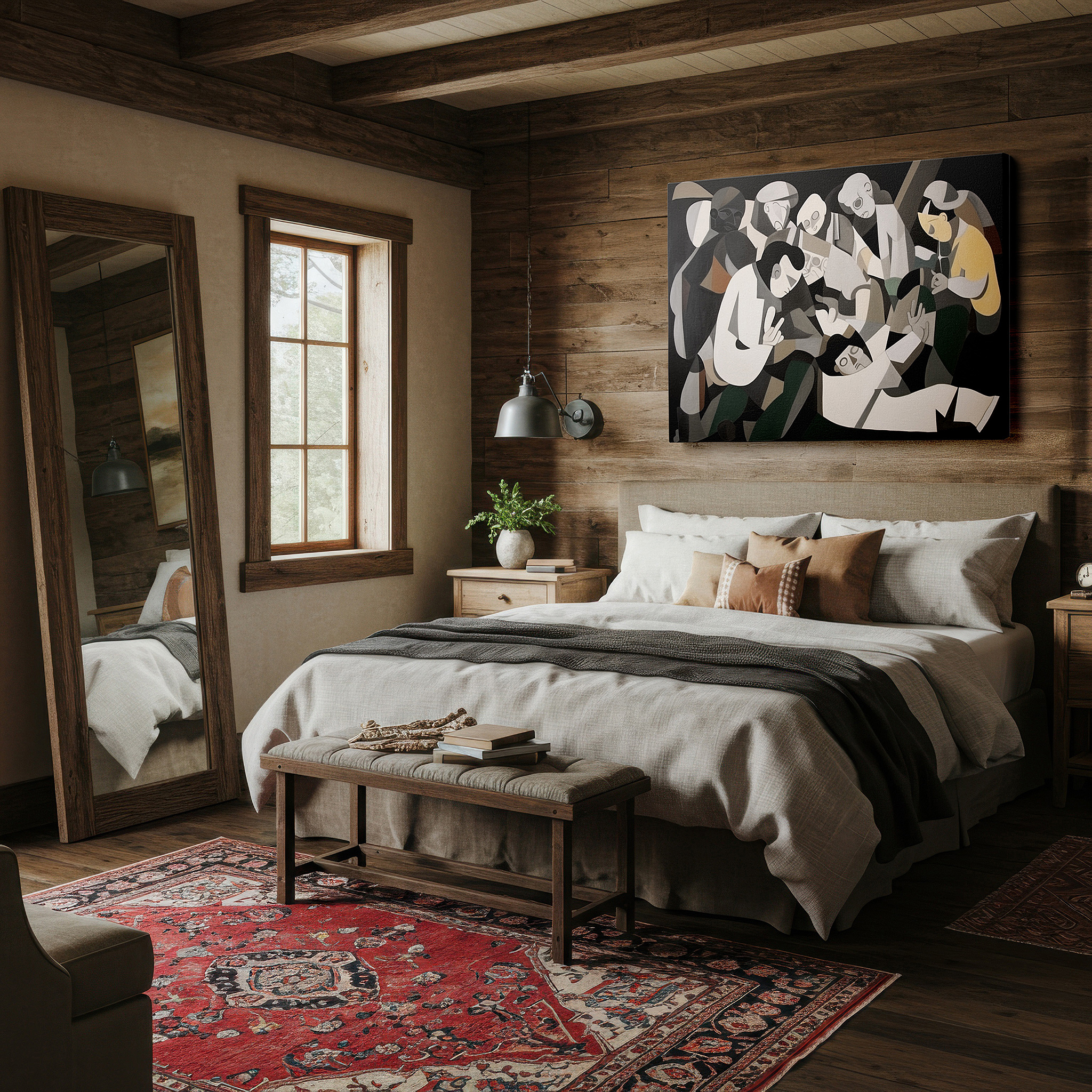 Framed by abstract decor and natural-toned accessories — abstract exploration of human connections in a vivid, fragmented style: large wall art, canvas wall art, wall decor for offices and bedrooms