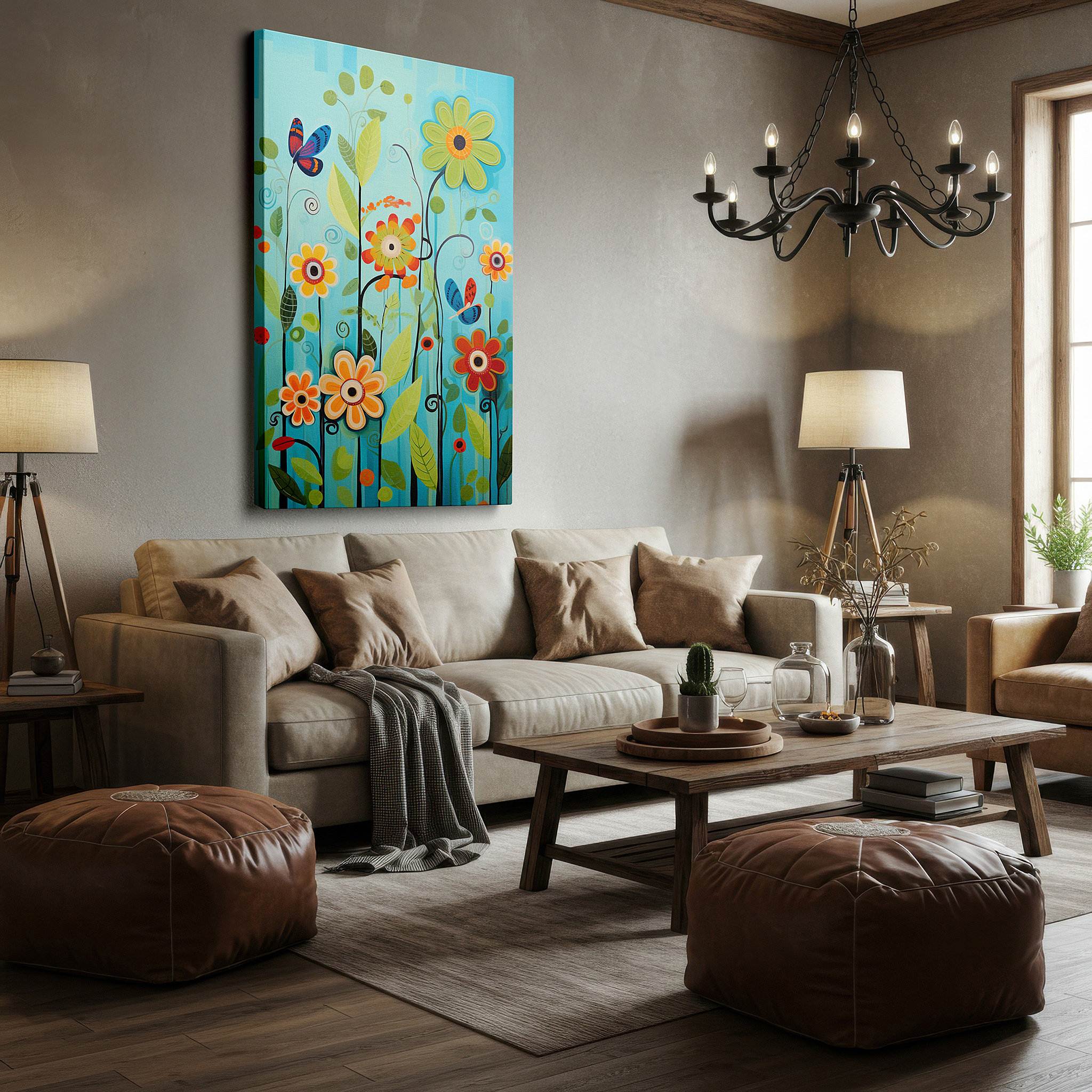 Framed by abstract decor and natural-toned accessories — abstract whimsical flowers on a vibrant blue background, large canvas wall art featuring a fusion of vibrant colors
