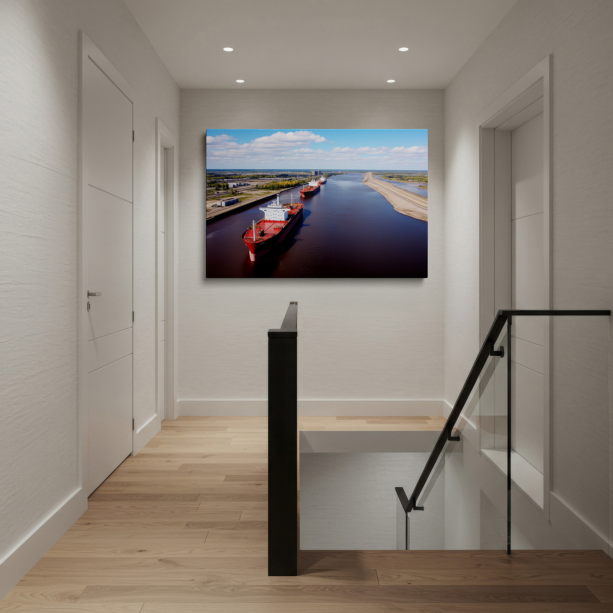 Framed by abstract decor and natural-toned accessories — aerial river view: balancing commerce and tranquility - large canvas wall art for office, bedroom, and living room decor