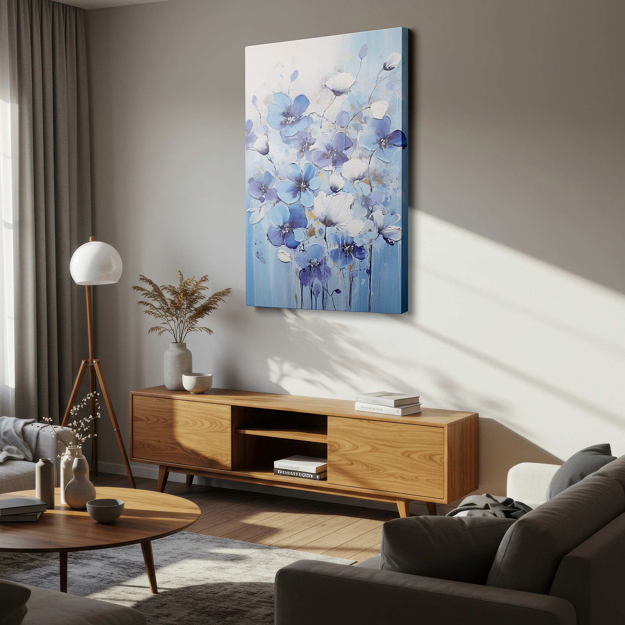 Framed by abstract decor and natural-toned accessories — blue blooms: a tribute to nature's fragile beauty - large canvas wall art for office and bedroom decor