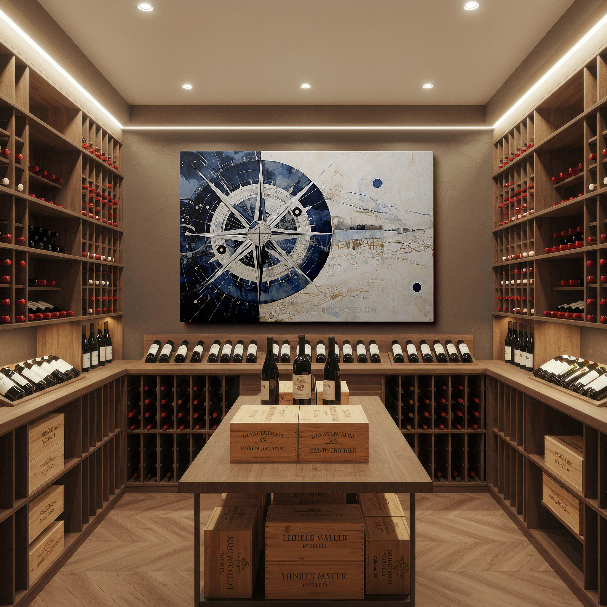 Framed by abstract decor and natural-toned accessories — blue and white star compass design, emblematic of navigation and discovery, oversized wall art, canvas decor for office and bedroom