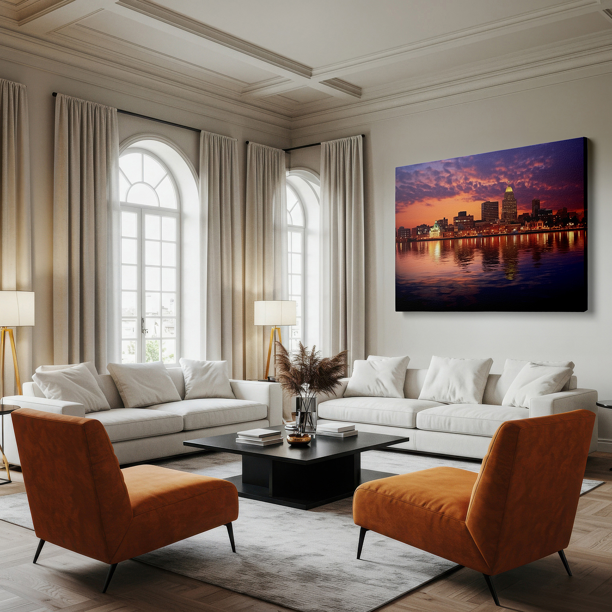 Framed by abstract decor and natural-toned accessories — cityscape at dusk: sunset hues and tranquil reflections - large canvas wall art for office and bedroom decor