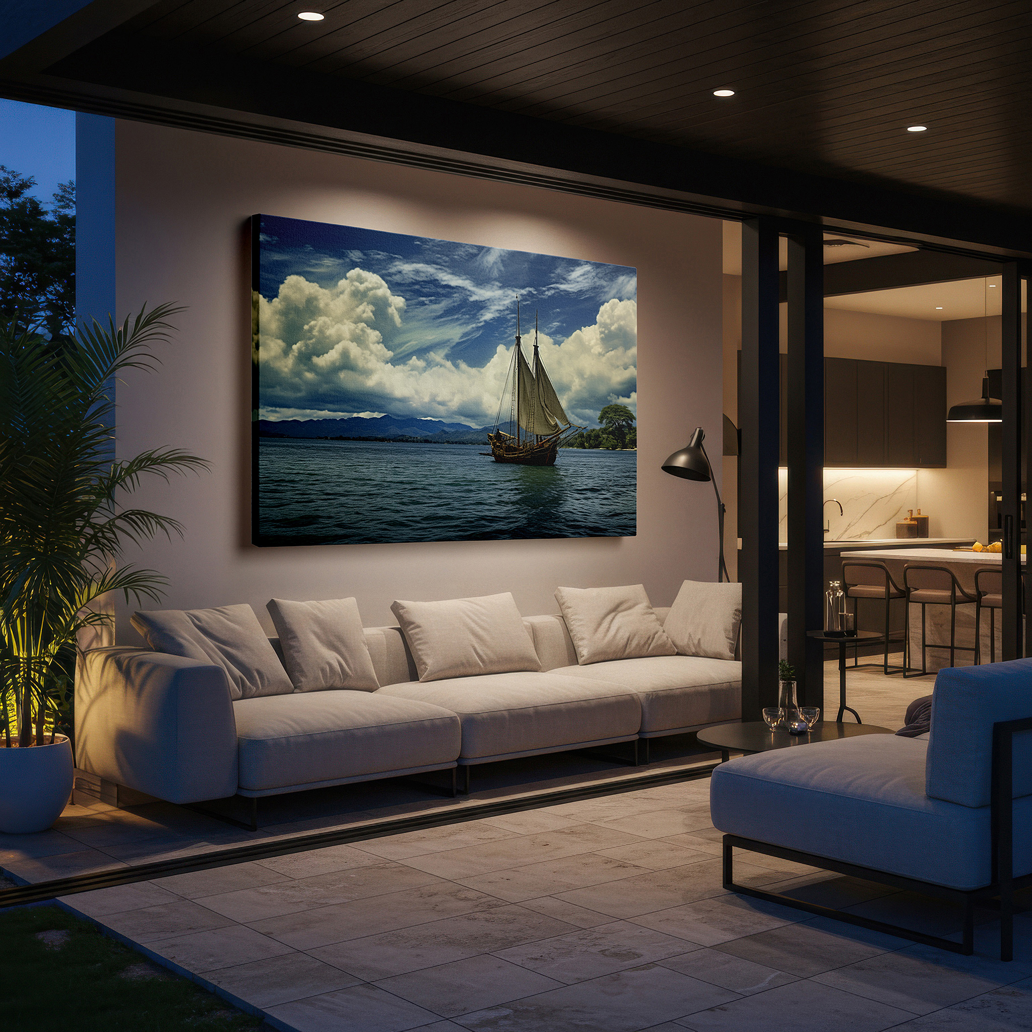 Framed by abstract decor and natural-toned accessories — classic sailing ship on calm waters with verdant scenery large wall art, canvas wall art, wall decor for office, bedroom, and living room