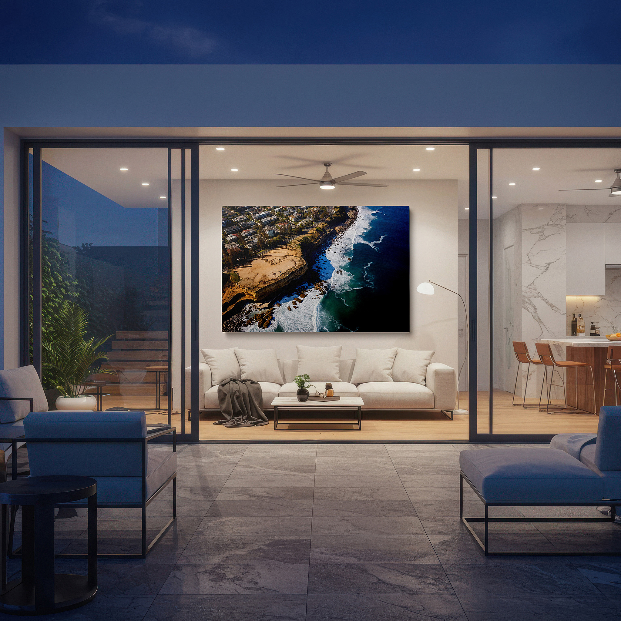 Framed by abstract decor and natural-toned accessories — coastal cliffs and urban borders - the vibrant interaction between nature and civilization: large wall art, canvas, decor for office and bedroom