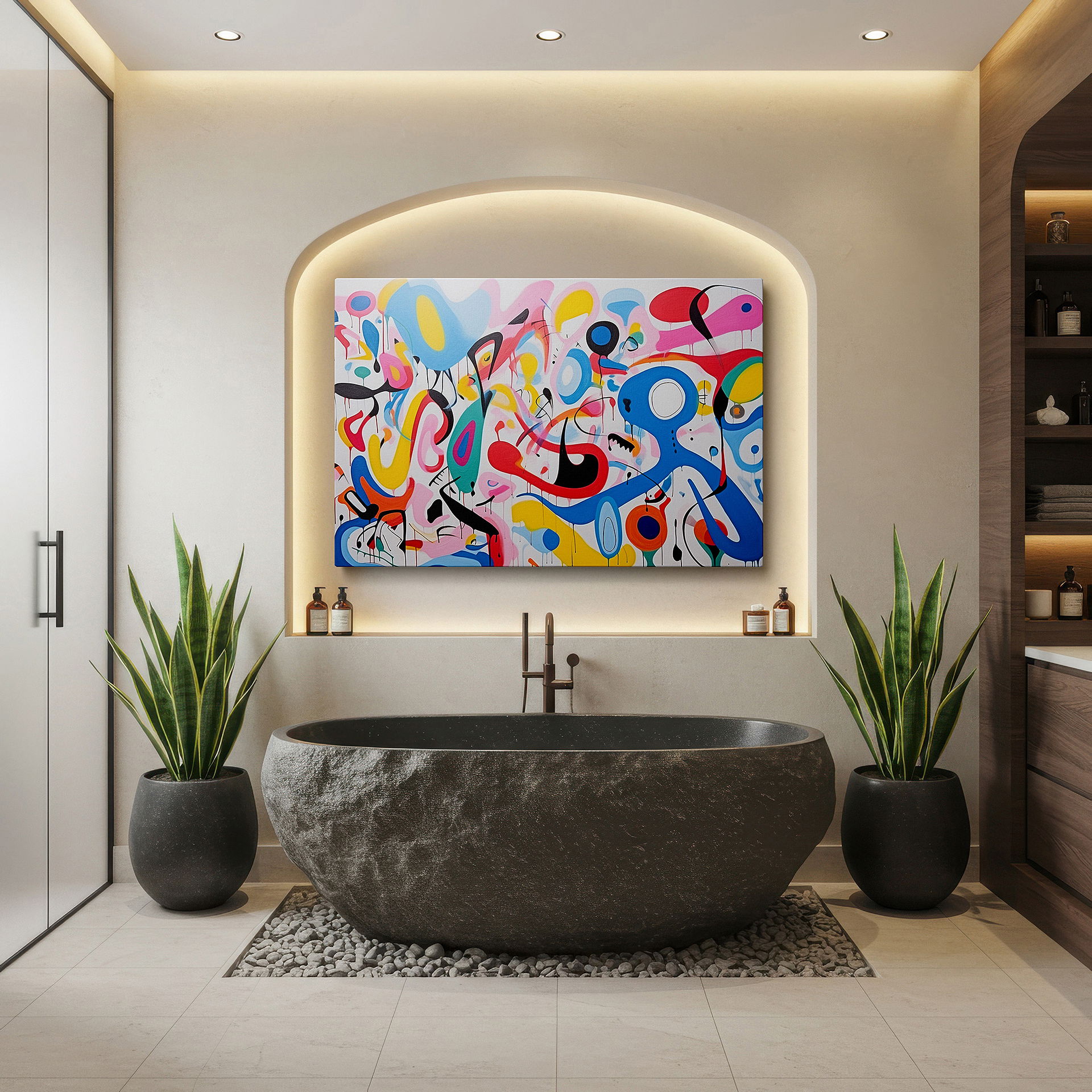 Framed by abstract decor and natural-toned accessories — colorful abstract exploration in color and motion: large canvas wall art for office, bedroom, and living room decor