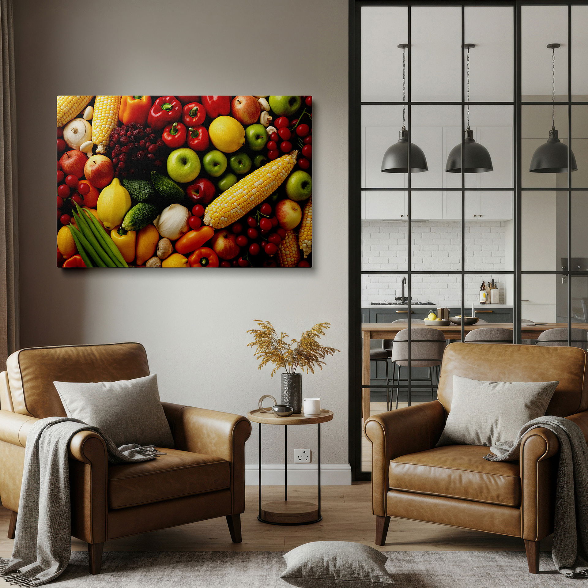 Framed by abstract decor and natural-toned accessories — a colorful celebration of nature featuring corn, peppers, and apples - large wall art, canvas wall art, wall decor for office and bedroom