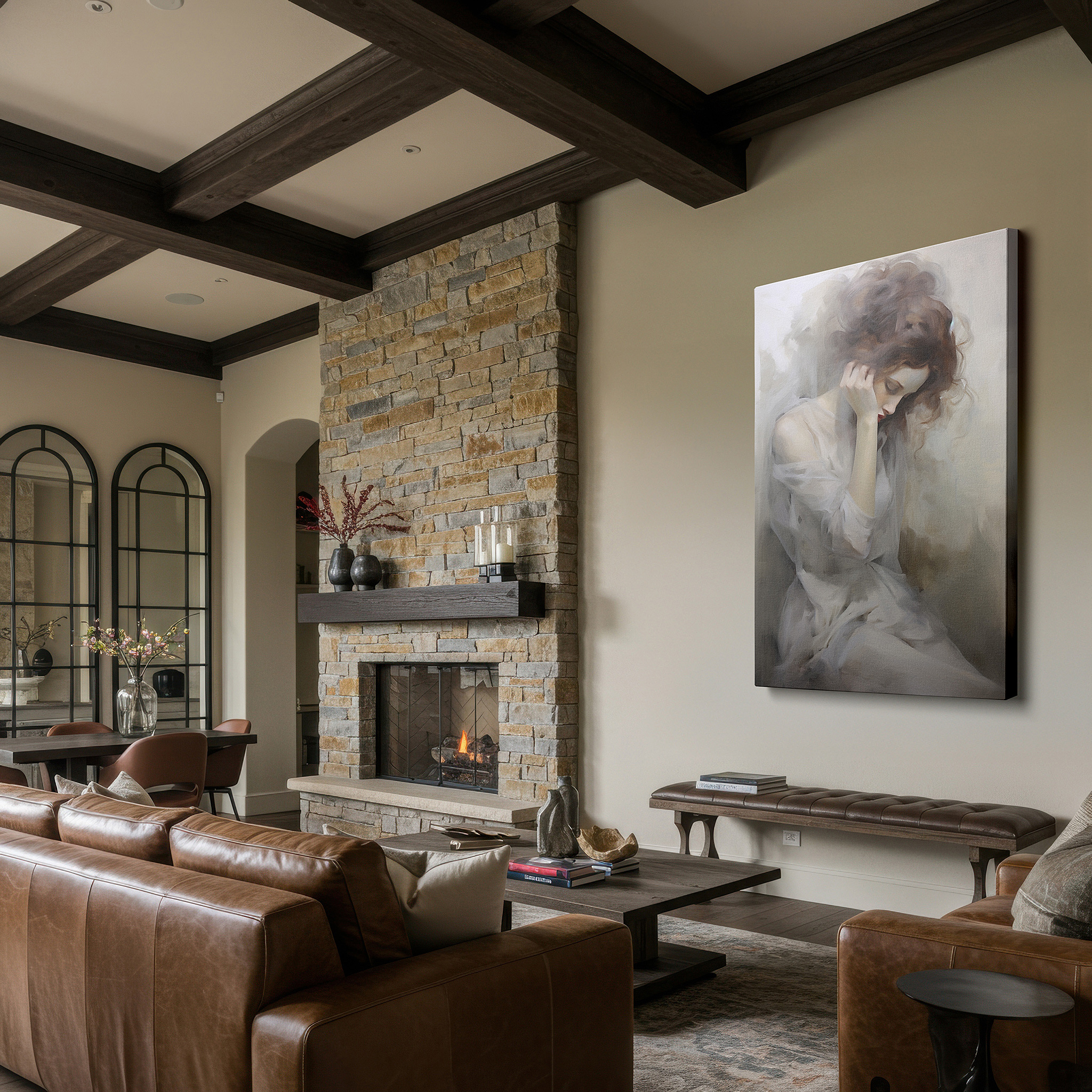 Framed by abstract decor and natural-toned accessories — contemplative woman in solitude large canvas wall art for office, bedroom, and living room decor