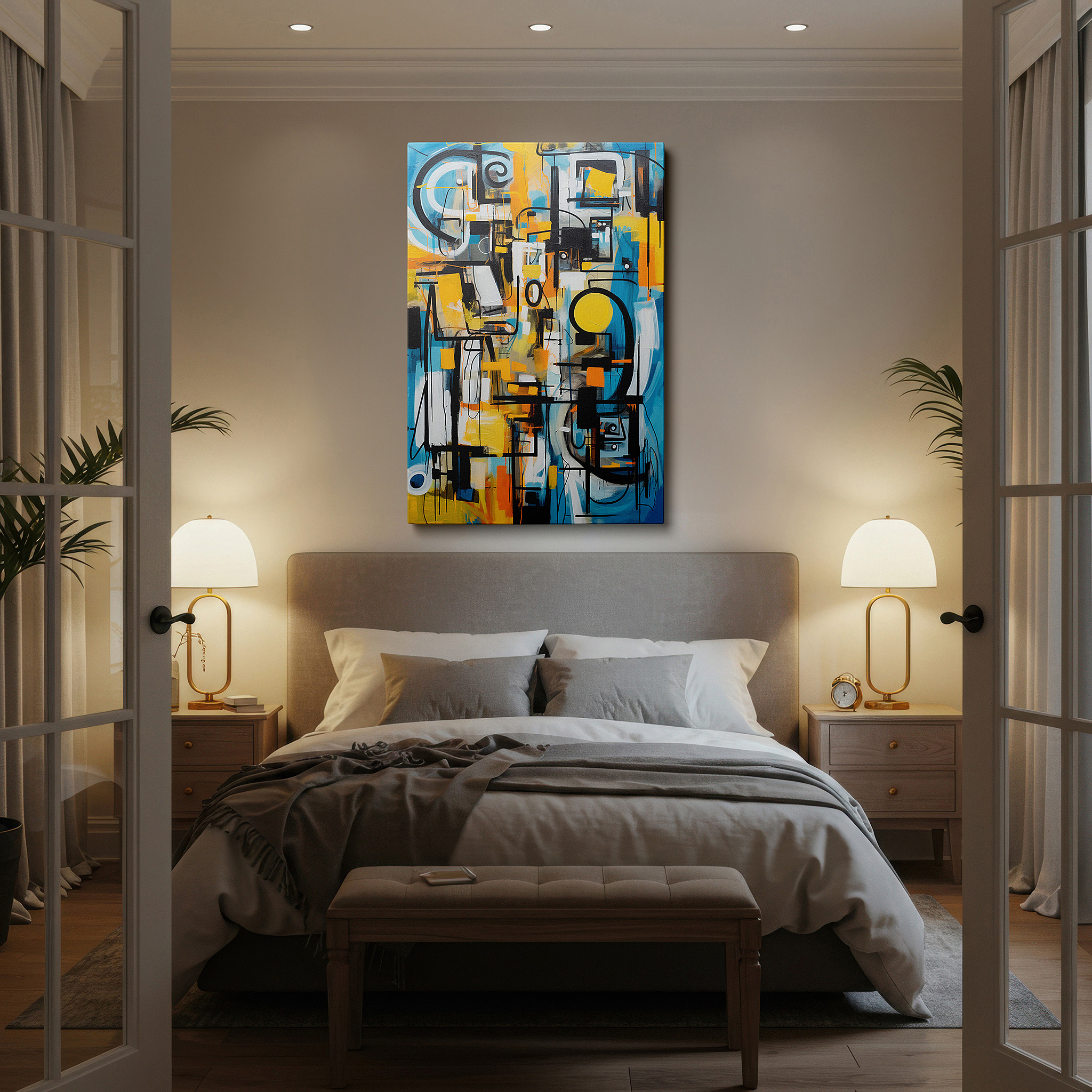 Framed by abstract decor and natural-toned accessories — contemporary abstract art in blue, yellow, and black - a vibrant blend of creativity and innovation for large wall decor, canvas art, office wall decor