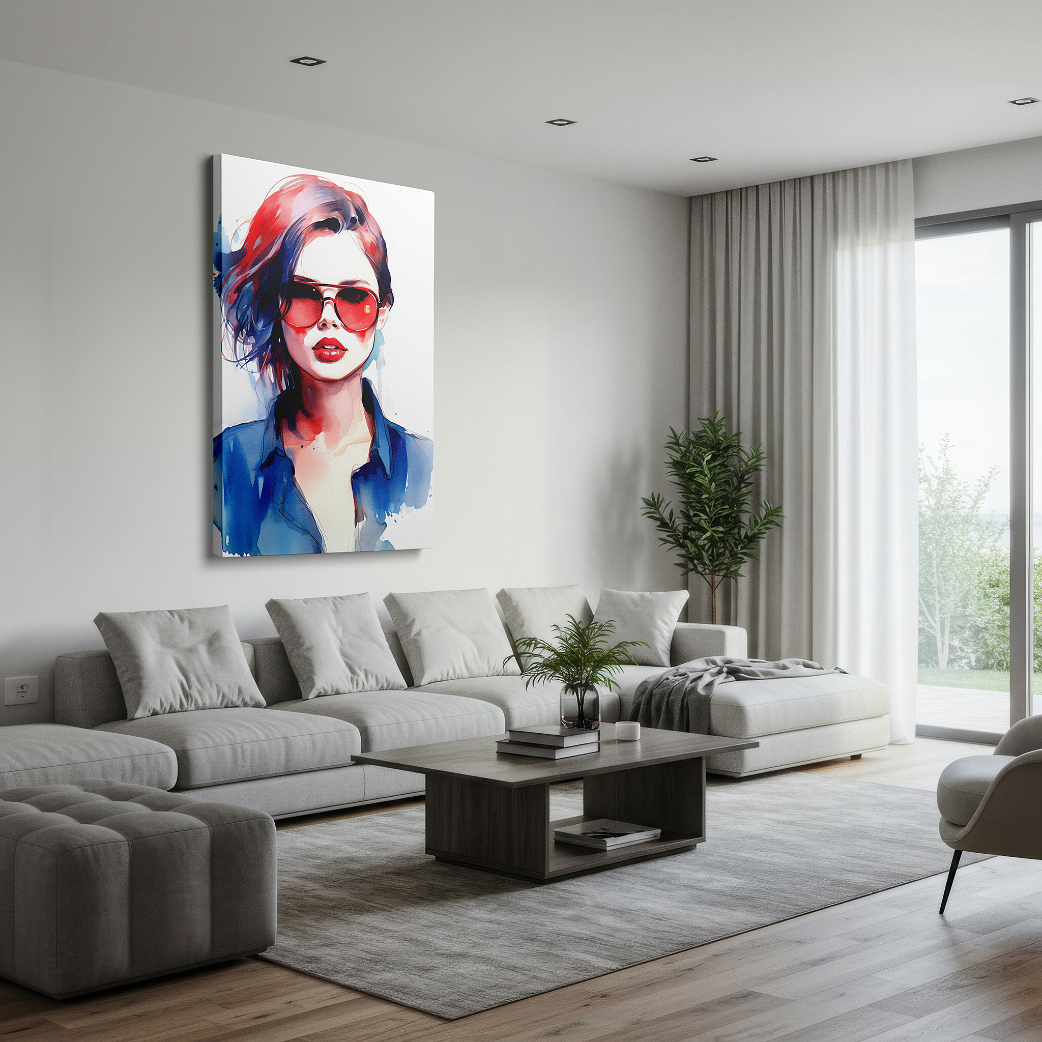Framed by abstract decor and natural-toned accessories — contemporary elegance meets watercolor art, showcasing a fashionable woman with vibrant red hair and trendy sunglasses, large canvas wall art