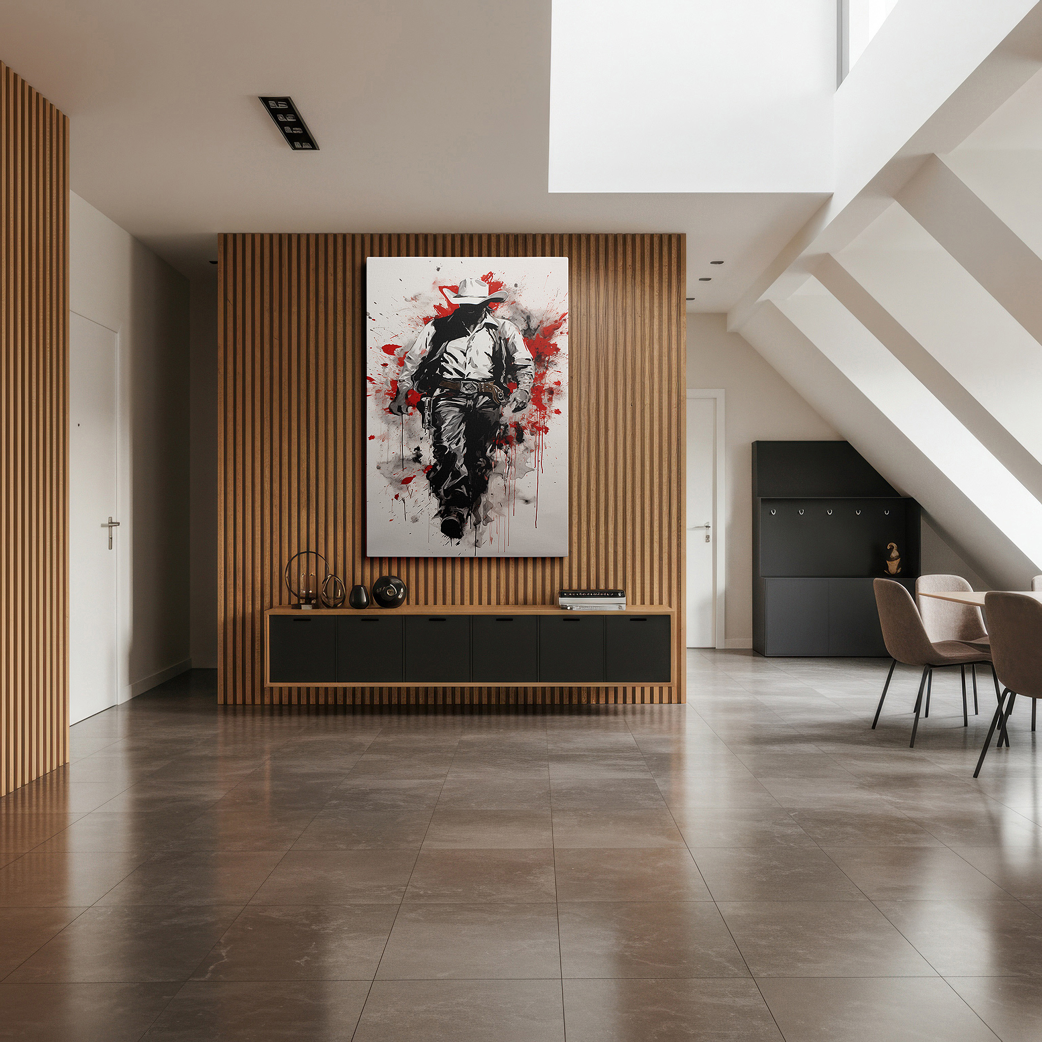 Framed by abstract decor and natural-toned accessories — cowboy confidence in fiery red: a vivid american west expression - large wall art, canvas wall art, wall decor for office and bedroom