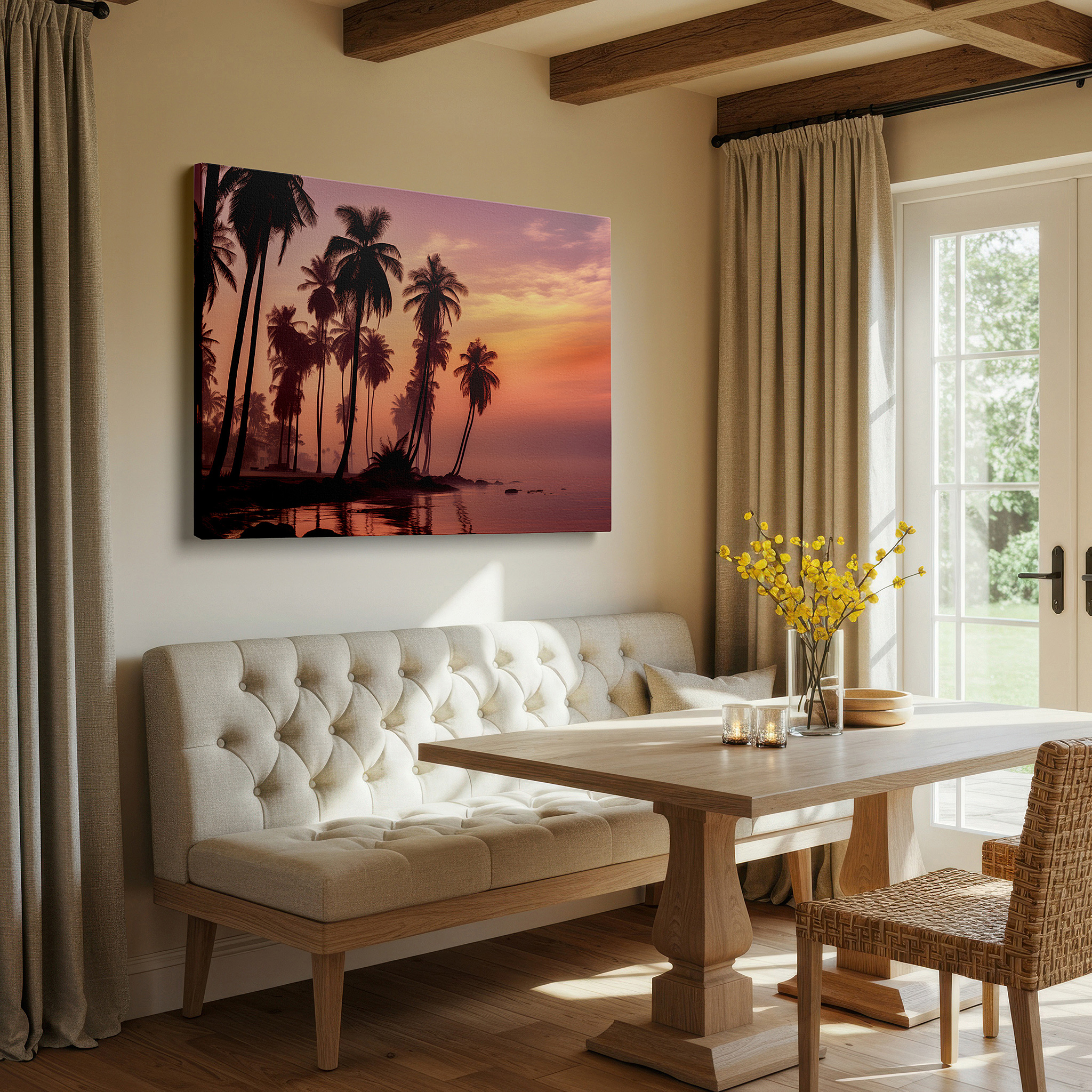 Framed by abstract decor and natural-toned accessories — dawn's gentle embrace: silhouettes of palms against a vibrant morning sky - large canvas wall art for home and office decor