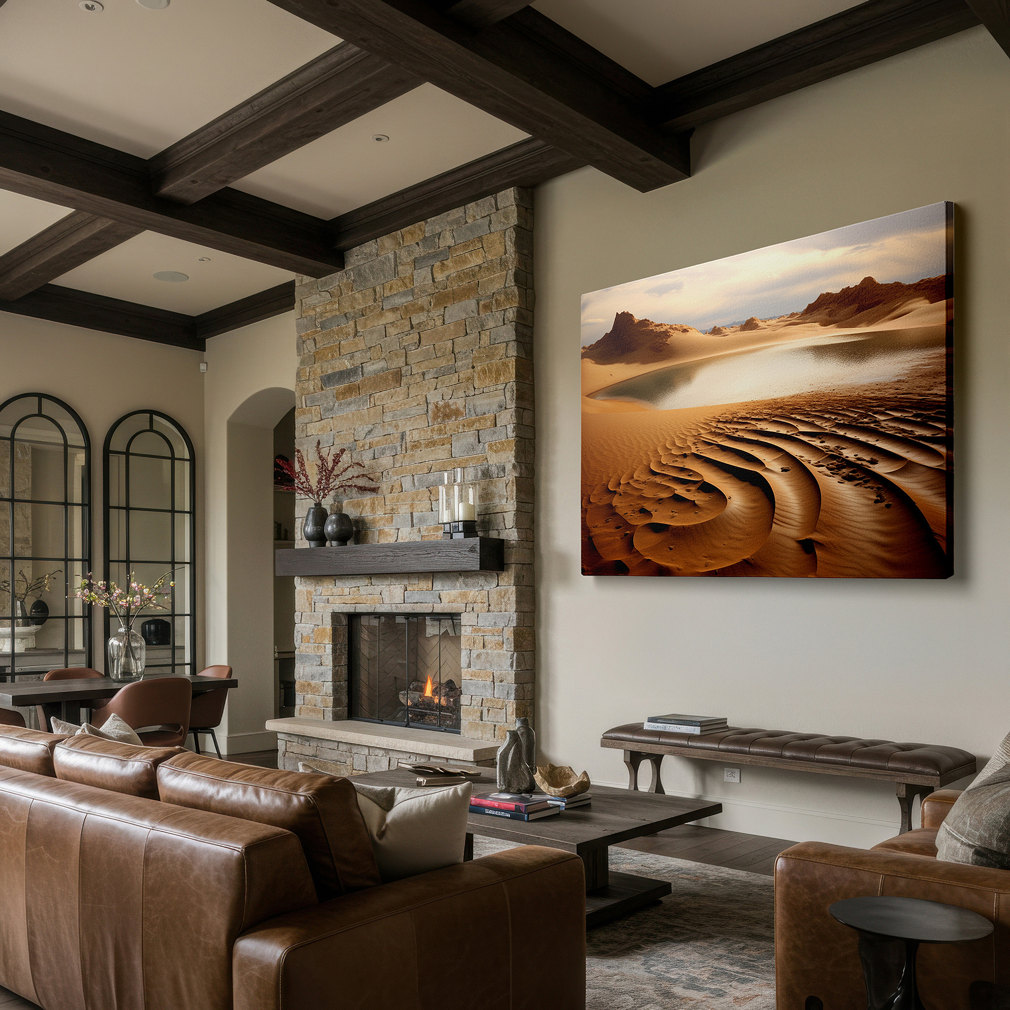 Framed by abstract decor and natural-toned accessories — desert oasis wall art: tranquil and vast serene landscape with sweeping sand dunes - large canvas for home or office decor