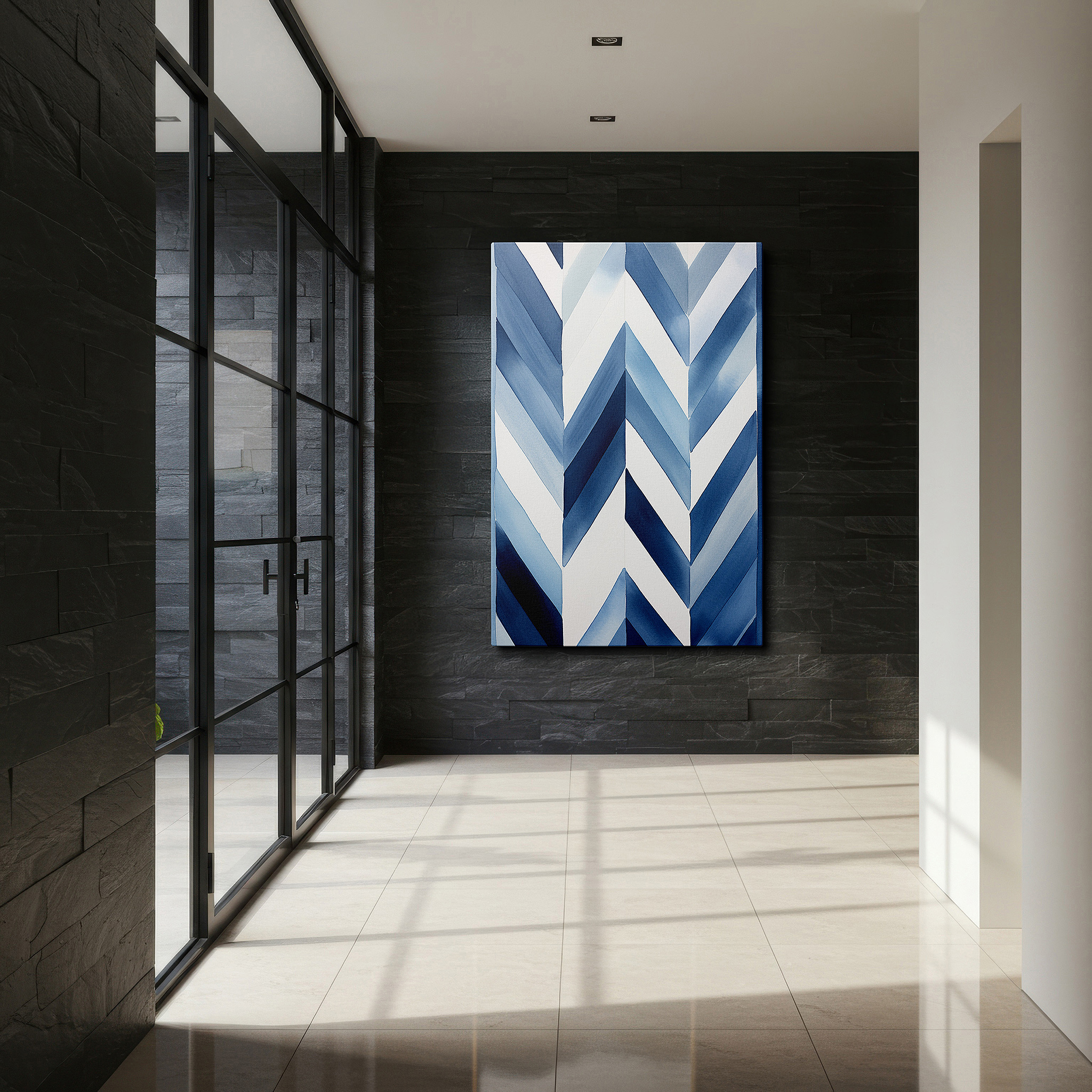 Framed by abstract decor and natural-toned accessories — dynamic blue chevron patterns, contemporary abstract large wall art, canvas wall decor for office and bedroom