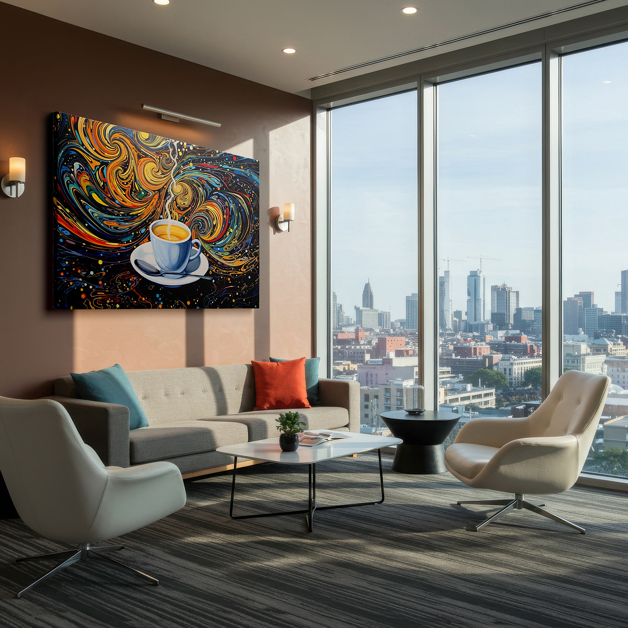 Framed by abstract decor and natural-toned accessories — dynamic coffee culture symphony wall art, energizing and creative large canvas decor for office and bedroom