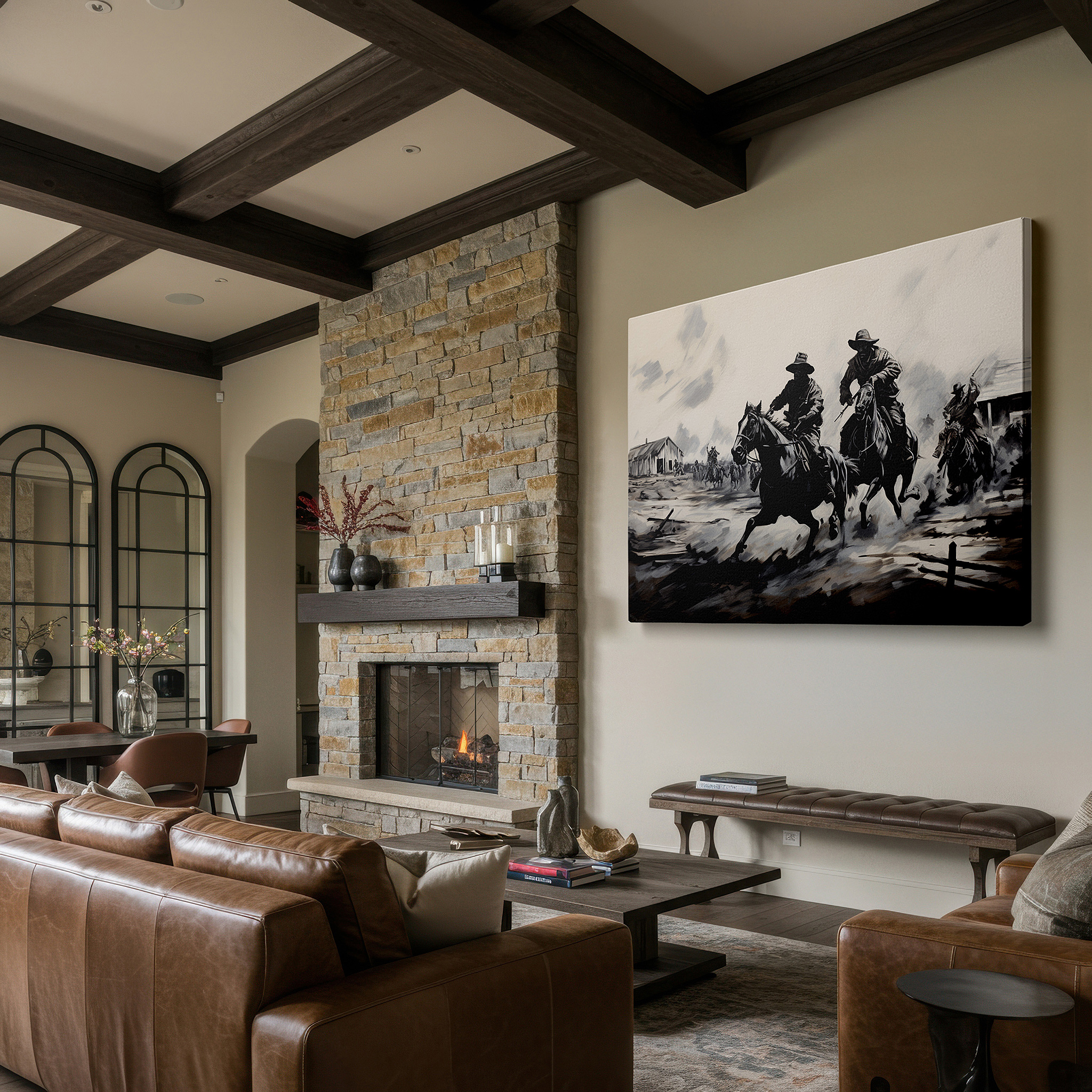 Framed by abstract decor and natural-toned accessories — elegant black and white horsemen charging across wild terrain - large canvas wall art for office and bedroom decor