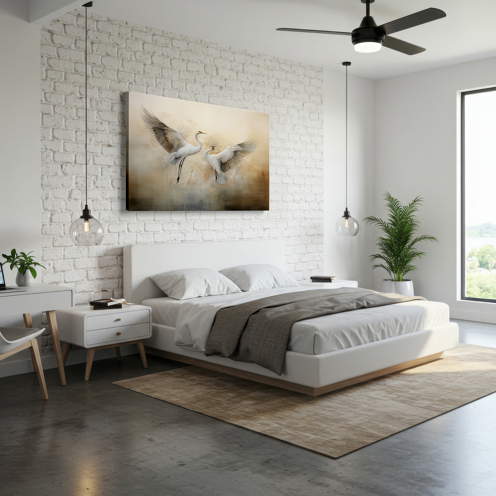 Framed by abstract decor and natural-toned accessories — elegant cranes soaring, a peaceful blend of beauty and calmness - large wall art, canvas wall art, wall decor for office and bedroom