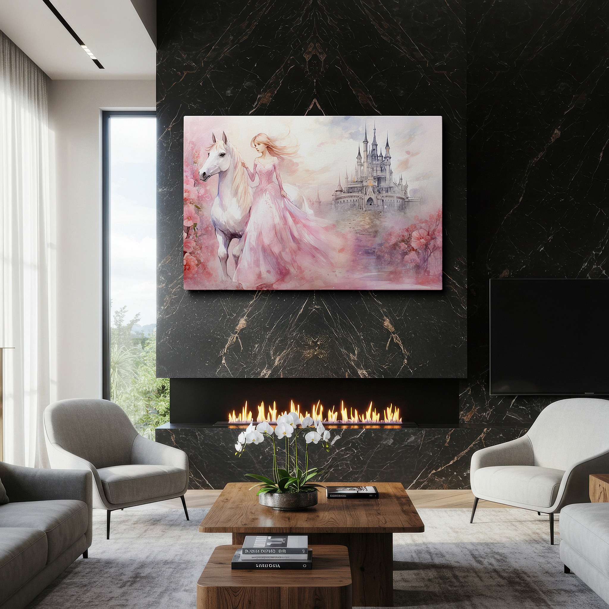 Framed by abstract decor and natural-toned accessories — enchanted princess and white horse at a fairy tale castle with blossoms, large canvas wall art for office and bedroom decor