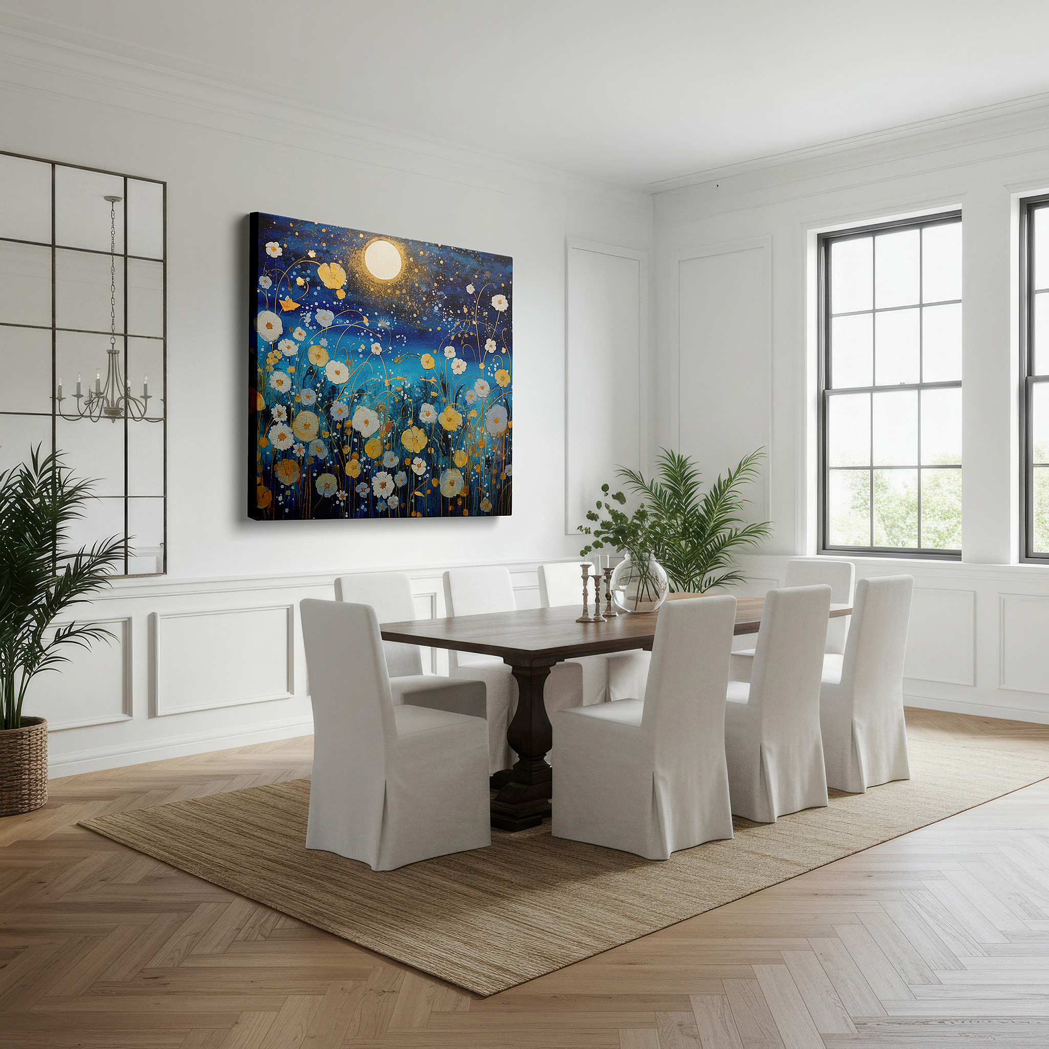 Framed by abstract decor and natural-toned accessories — ethereal blue moonlit garden - tranquil nighttime paradise with glowing flowers and soft gold highlights, large canvas wall art