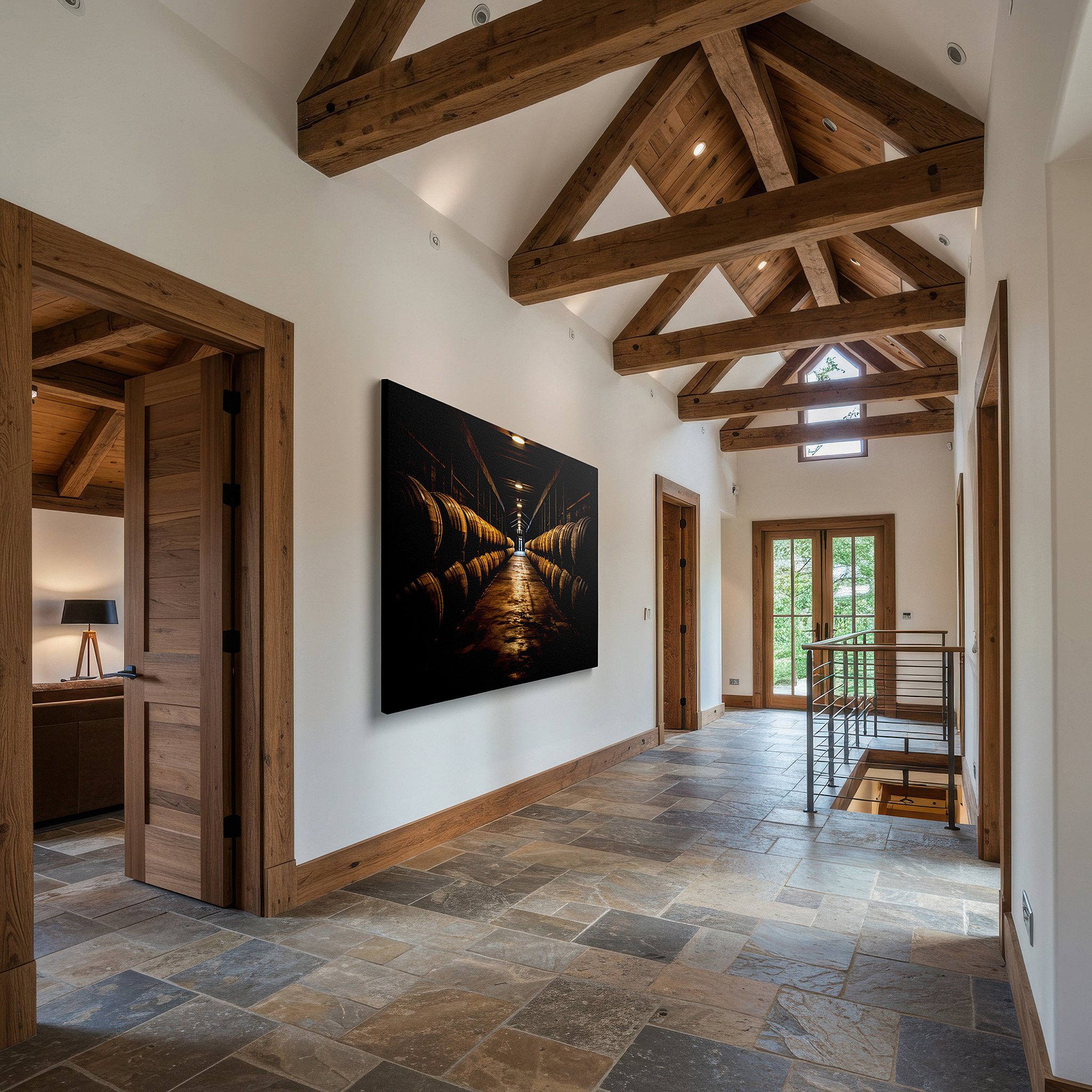 Framed by abstract decor and natural-toned accessories — exploring time in a classic barrel room: a tribute to craftsmanship and coziness - large wall art, canvas wall art, wall decor for offices