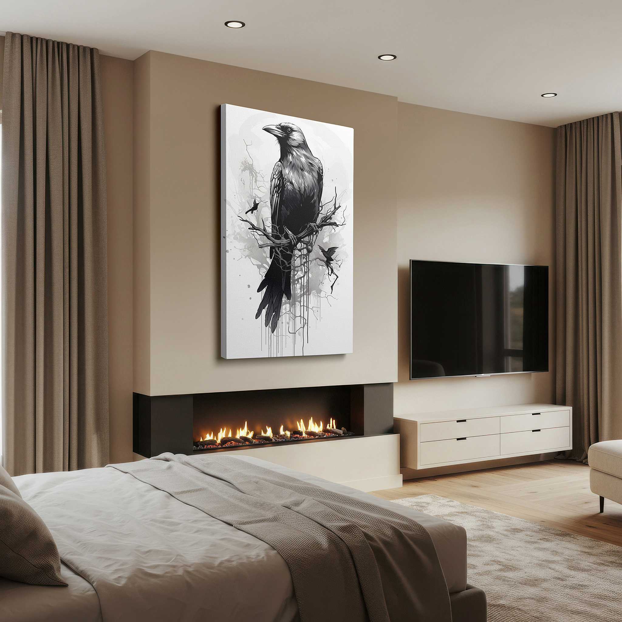 Framed by abstract decor and natural-toned accessories — exquisite black and white illustration of a detailed bird perched elegantly - large wall art, canvas wall art, wall decor for office