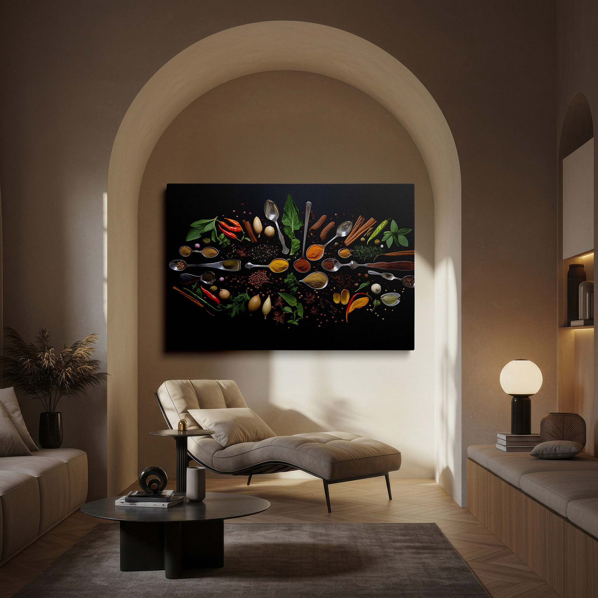 Framed by abstract decor and natural-toned accessories — exquisite culinary-themed wall art featuring spices and herbs: ideal for office, bedroom, and home decor