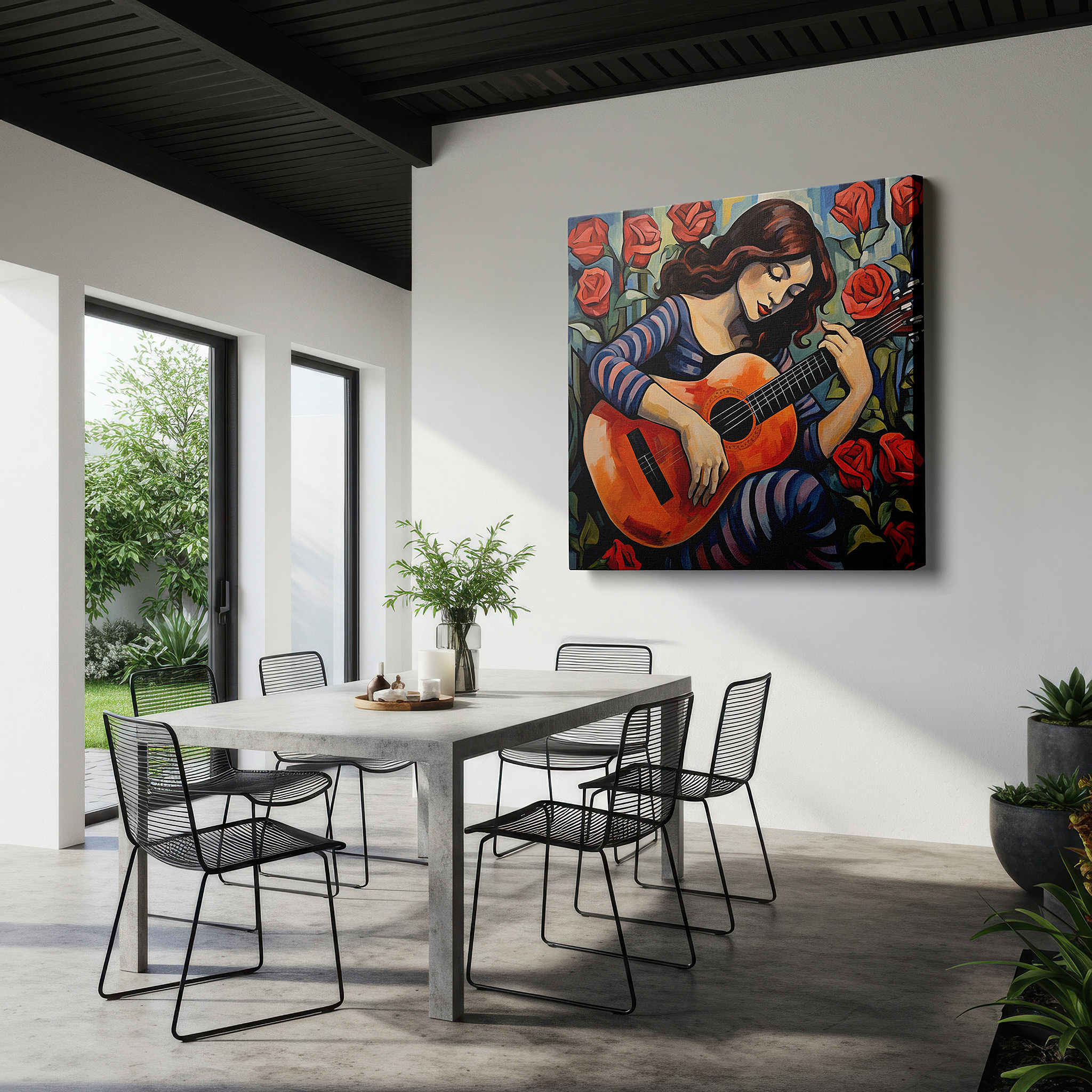 Framed by abstract decor and natural-toned accessories — girl with guitar amidst blossoming roses, nature and music symphony large wall art, canvas wall decor, office and bedroom wall art