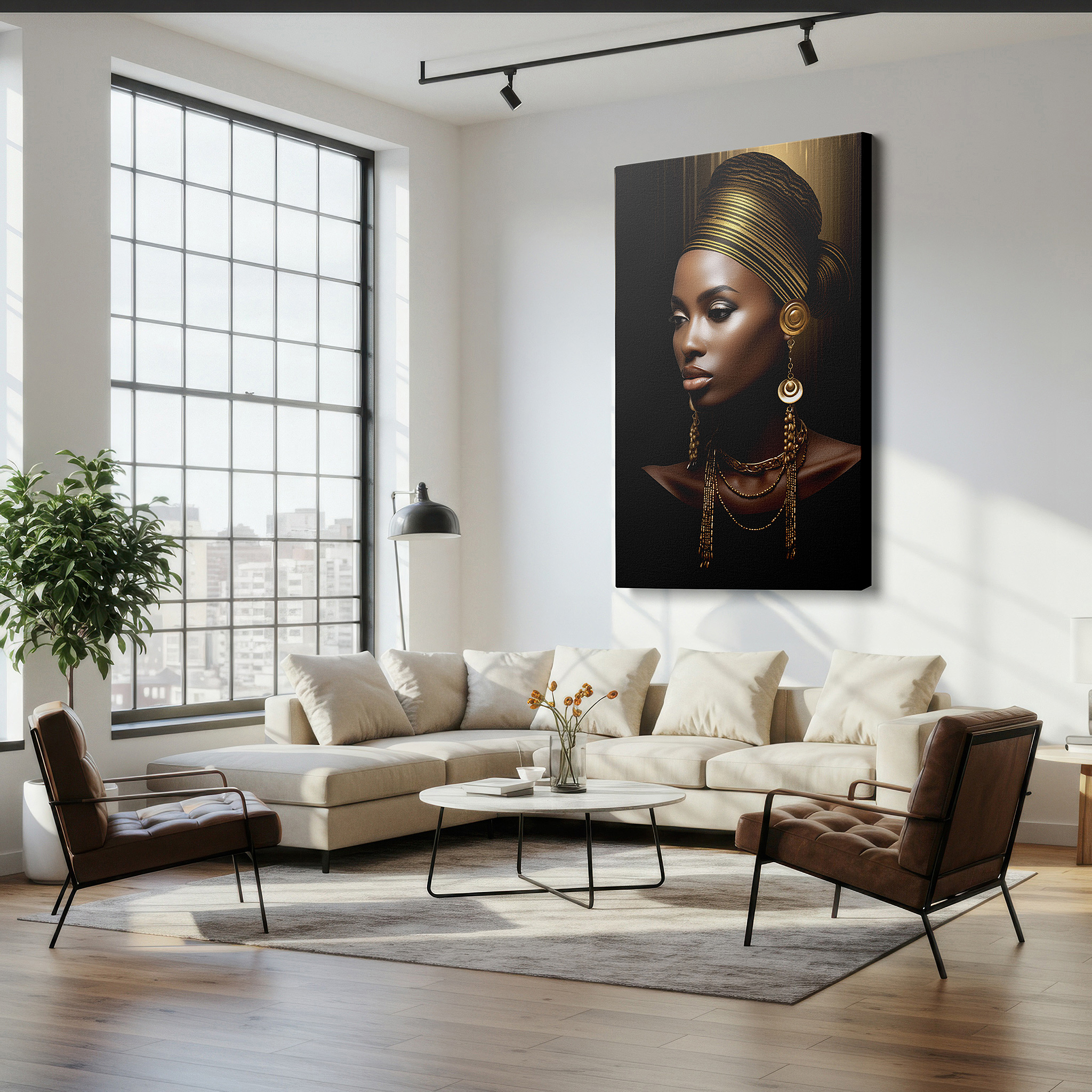 Framed by abstract decor and natural-toned accessories — gold and shadows: timeless elegance, serene confidence, and luxurious contrast - large canvas wall art decor
