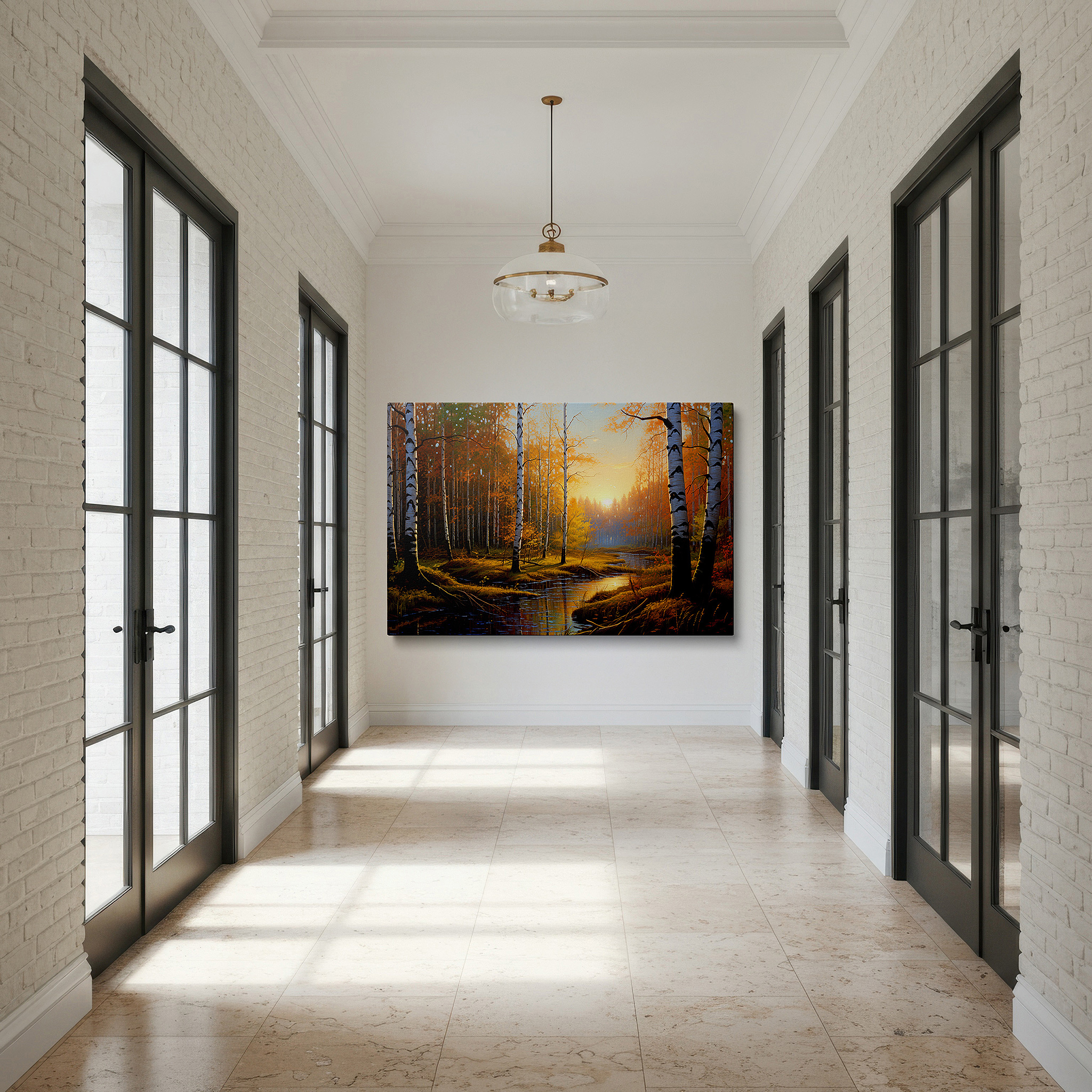 Framed by abstract decor and natural-toned accessories — golden hour glow over tranquil birch forest with fiery autumn leaves reflecting in a serene stream - large canvas wall art