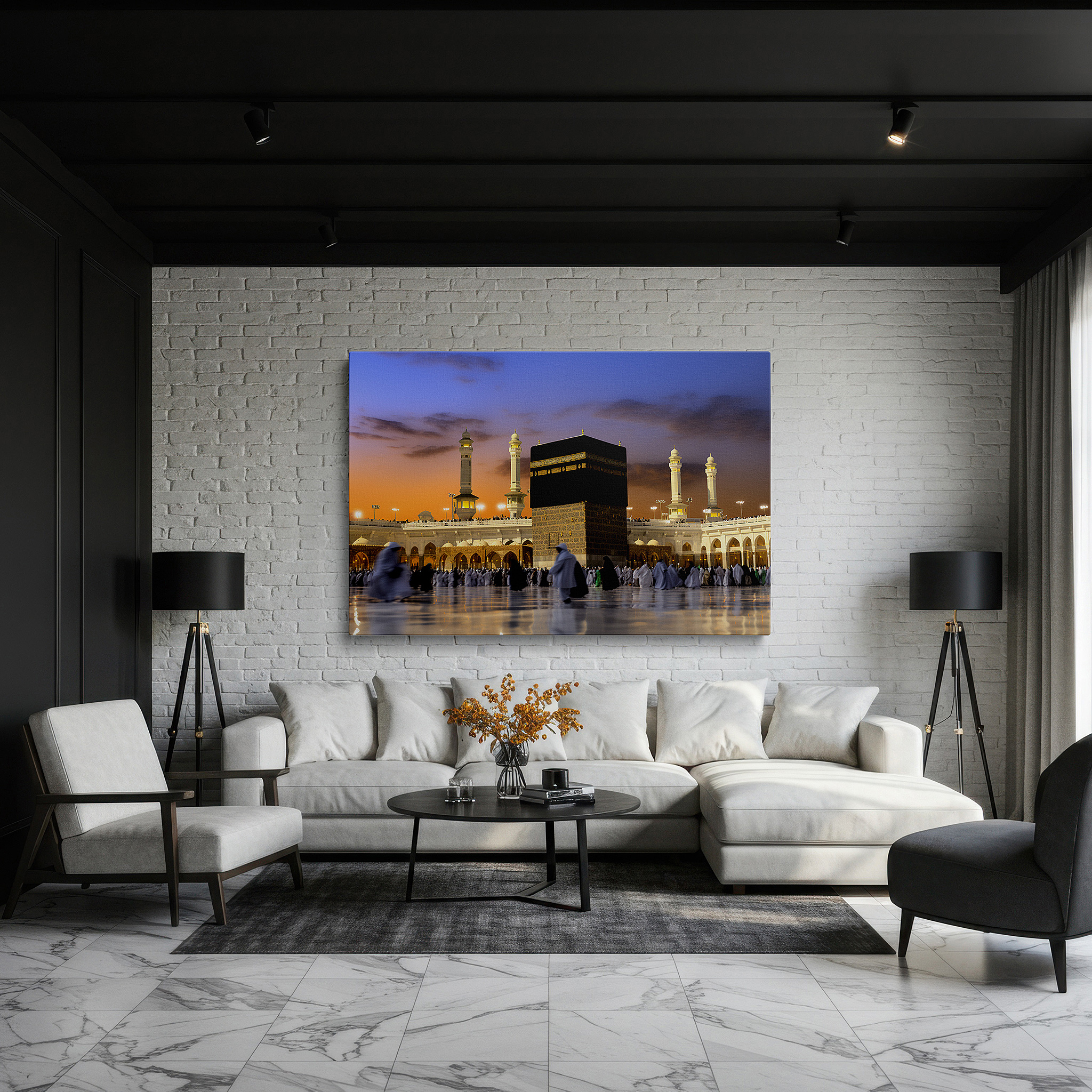 Framed by abstract decor and natural-toned accessories — golden sunset over kaaba canvas print featuring devout worshippers in mecca - ideal for office, living room, or bedroom wall decor