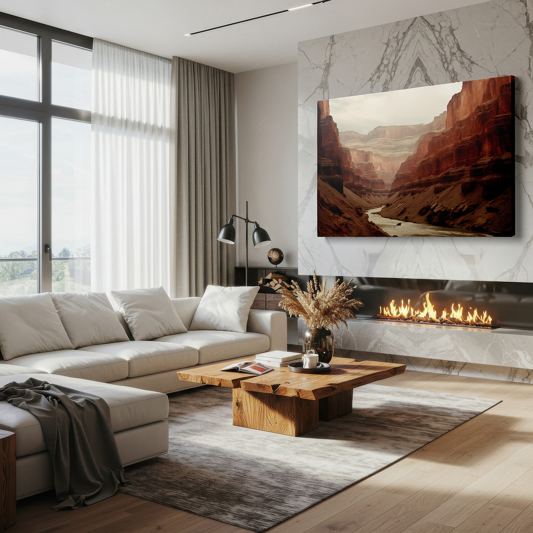 Framed by abstract decor and natural-toned accessories — grand canyon splendor - soaring cliffs and serene river highlight the eternal beauty of nature large wall art, canvas wall art, wall decor, office wall art
