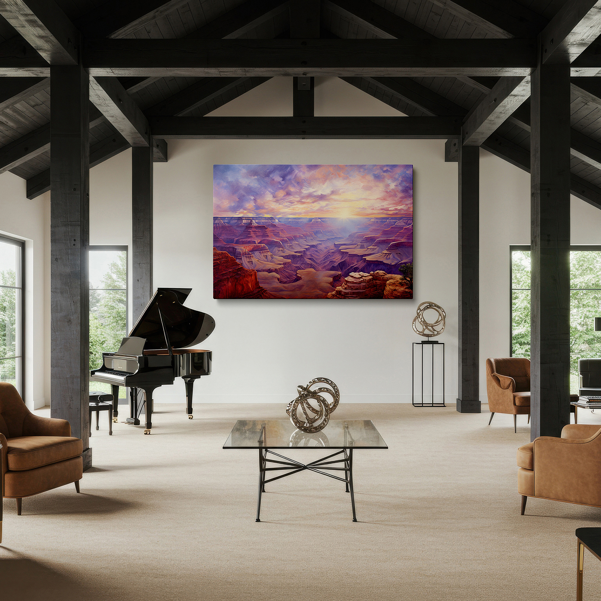 Framed by abstract decor and natural-toned accessories — grand canyon sunrise wall art: experience the fiery glow and rugged majesty of nature - large canvas for home or office decor