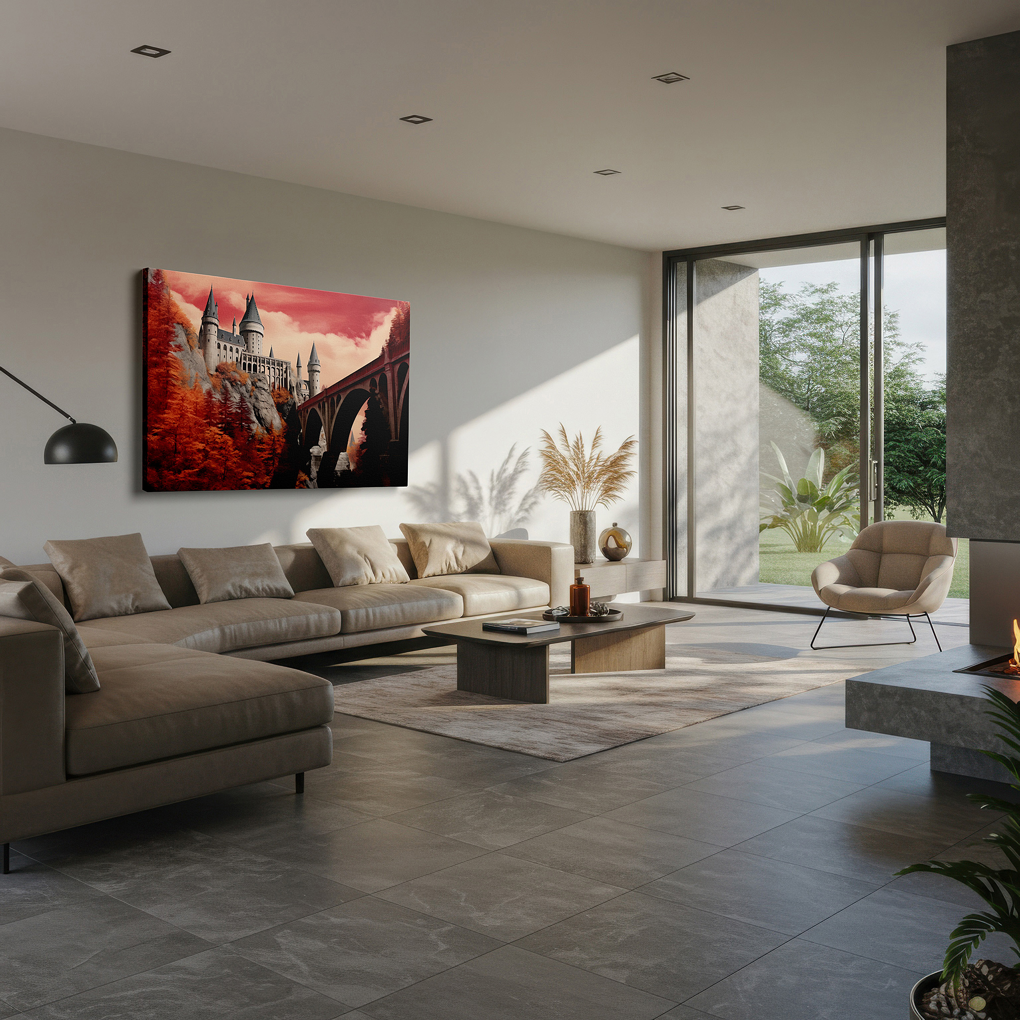Framed by abstract decor and natural-toned accessories — grand castle on rocky cliffs beneath a crimson sky, symbolizing grandeur and mystical worlds, large canvas wall art for office decor