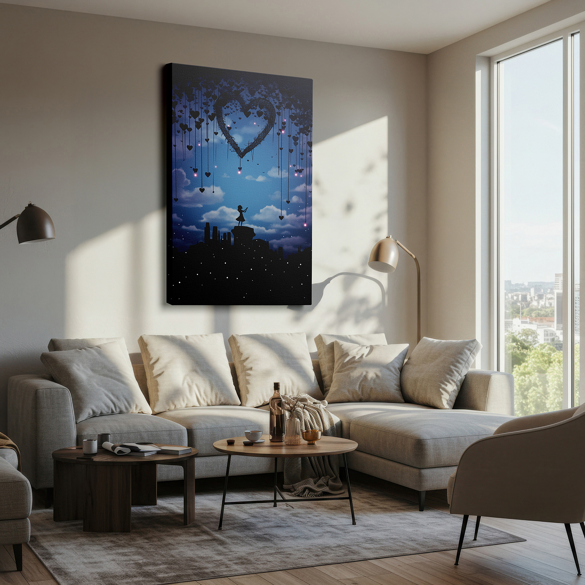 Framed by abstract decor and natural-toned accessories — heart-shaped constellation over girl on cliff - symbolizing love and hope, large canvas wall art for home and office decor