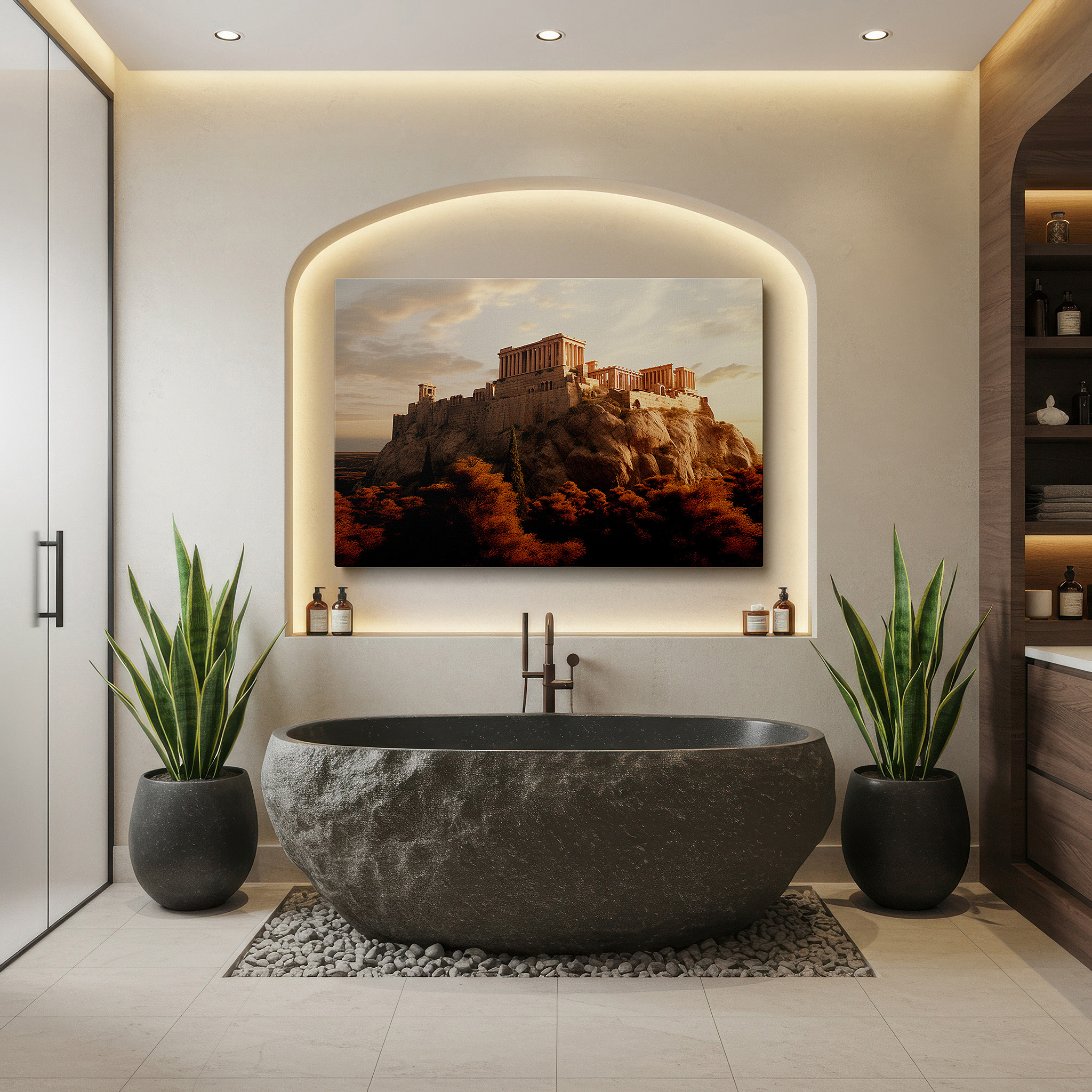 Framed by abstract decor and natural-toned accessories — historic ruins surrounded by autumn's vibrant leaves - a pictorial exploration of history and nature large wall art, canvas wall art, wall decor, office wall art