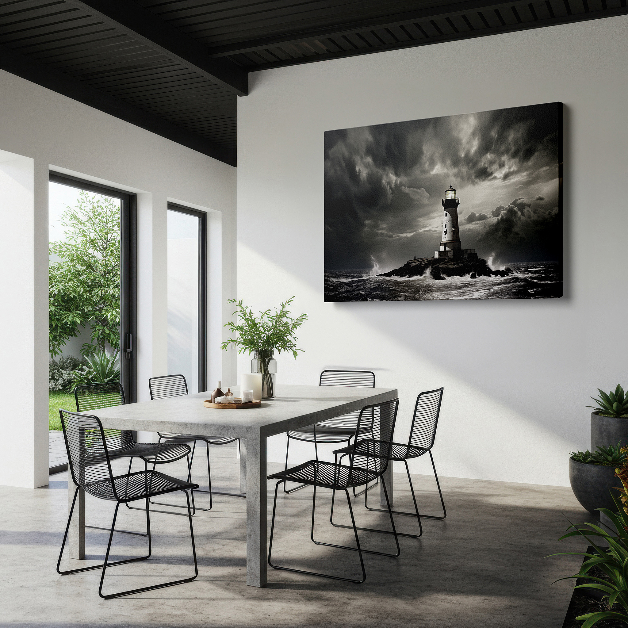 Framed by abstract decor and natural-toned accessories — lighthouse: a beacon of strength amidst stormy seas - resilient large wall art, canvas wall decor for offices