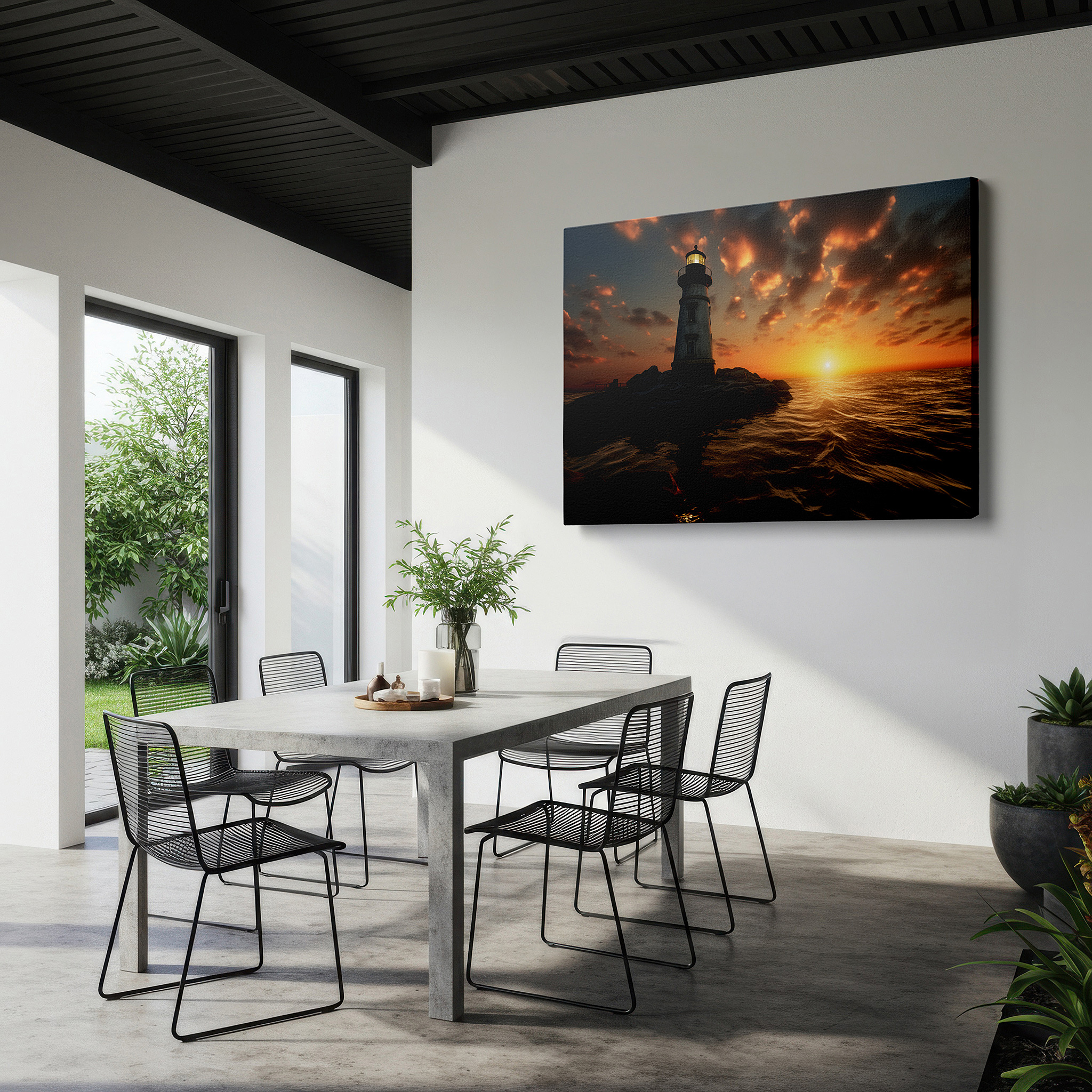 Framed by abstract decor and natural-toned accessories — lighthouse on rugged cliffs wall art: guiding from day to night, perfect for office or bedroom decor, available as large canvas