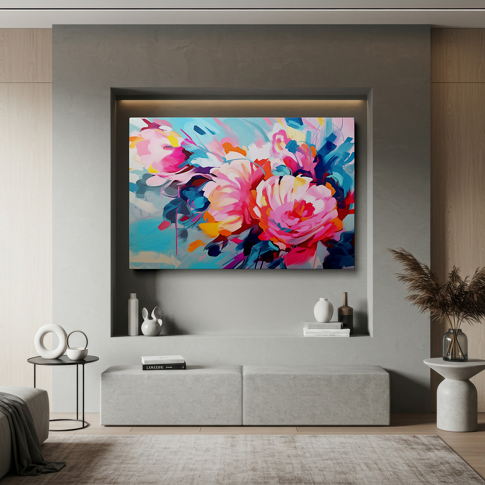 Framed by abstract decor and natural-toned accessories — a lively display of abstract floral designs, enhancing environments with vivid colors and energetic vibes: large wall art, canvas wall art, wall art