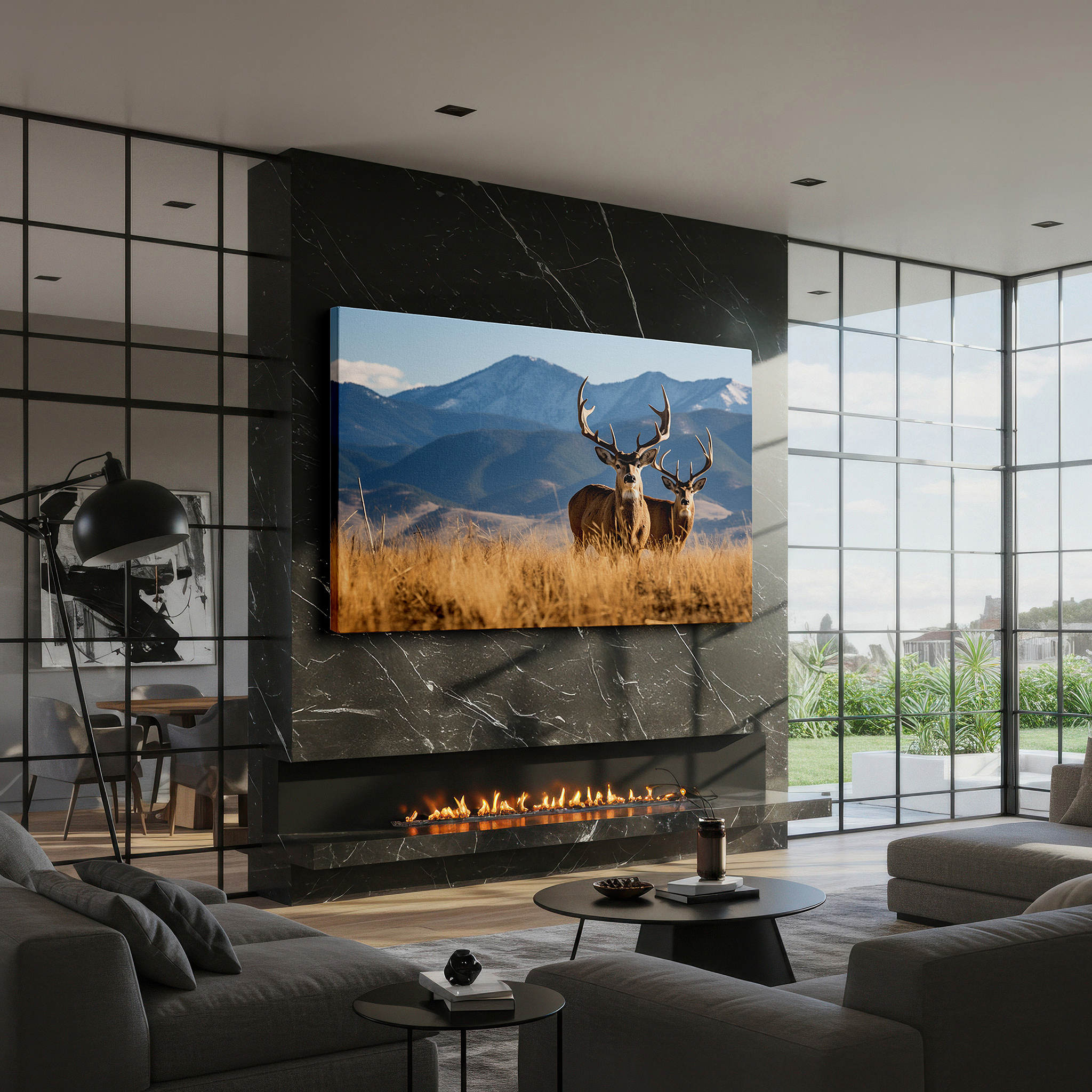 Framed by abstract decor and natural-toned accessories — majestic deer in a golden meadow with snow-capped mountains large canvas wall art for office and bedroom decor