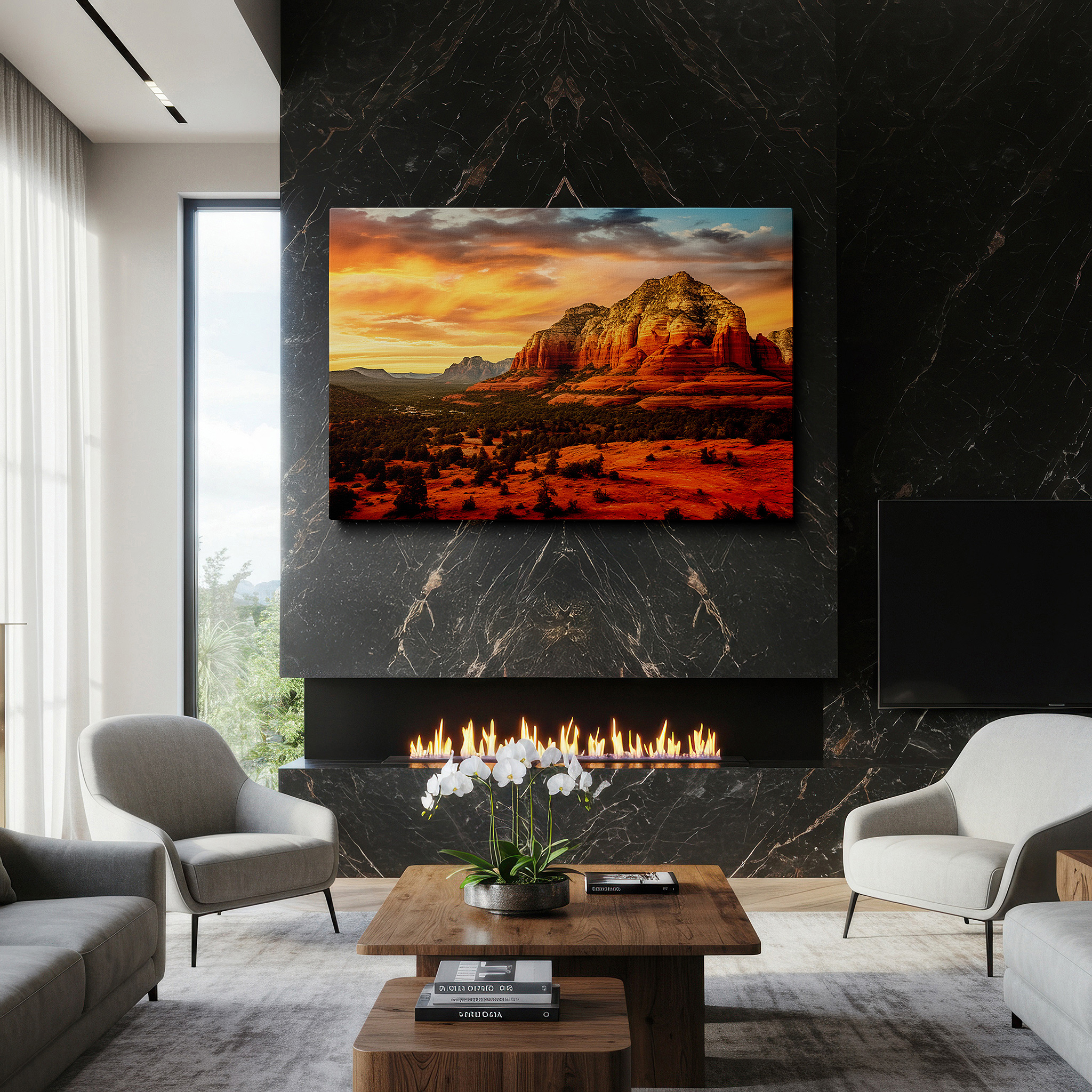 Framed by abstract decor and natural-toned accessories — majestic sedona mountains in sunset glow - large canvas wall art for office, bedroom, and living room decor