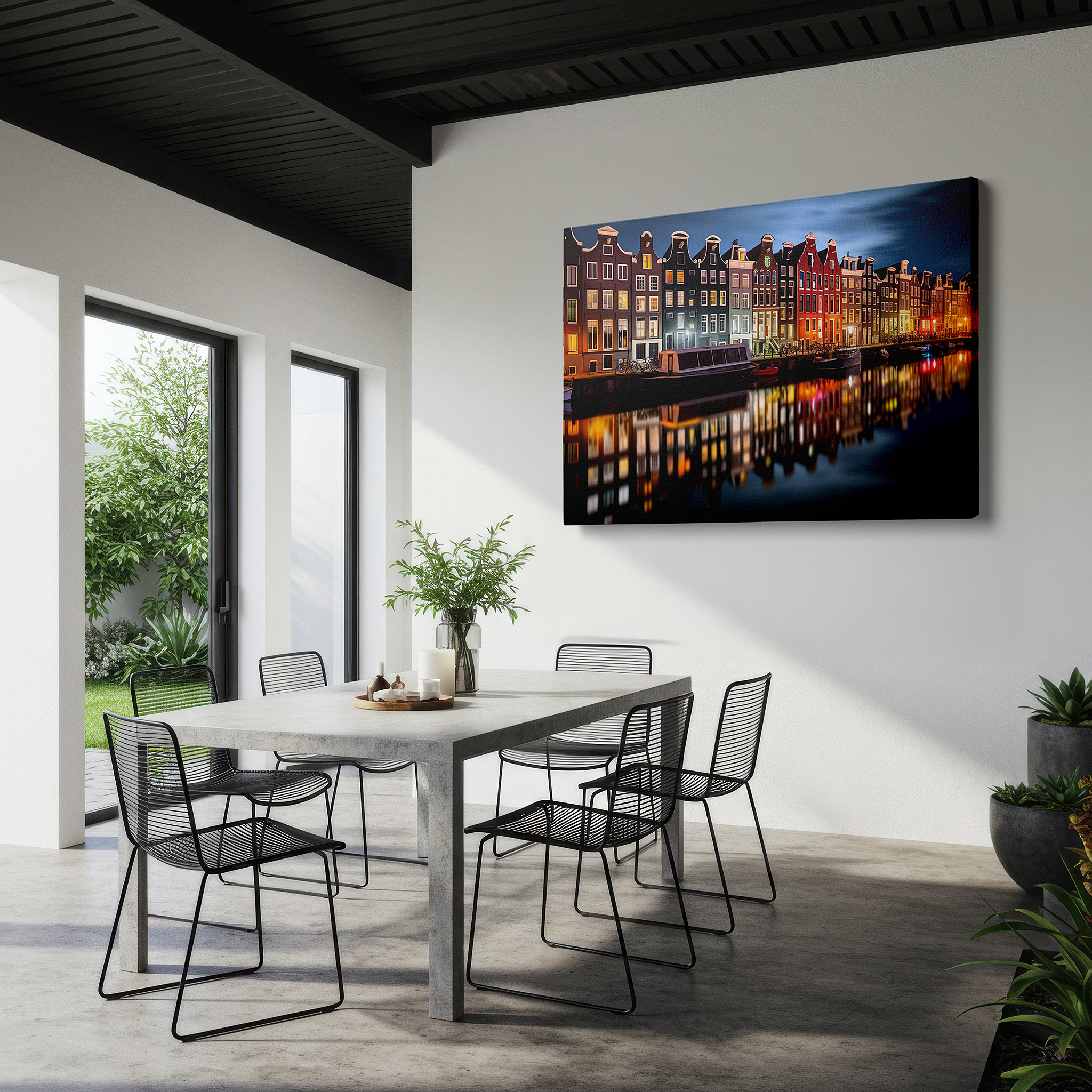 Framed by abstract decor and natural-toned accessories — moonlit amsterdam: enchanting canals and serene architecture large wall art, canvas wall art, wall decor for office