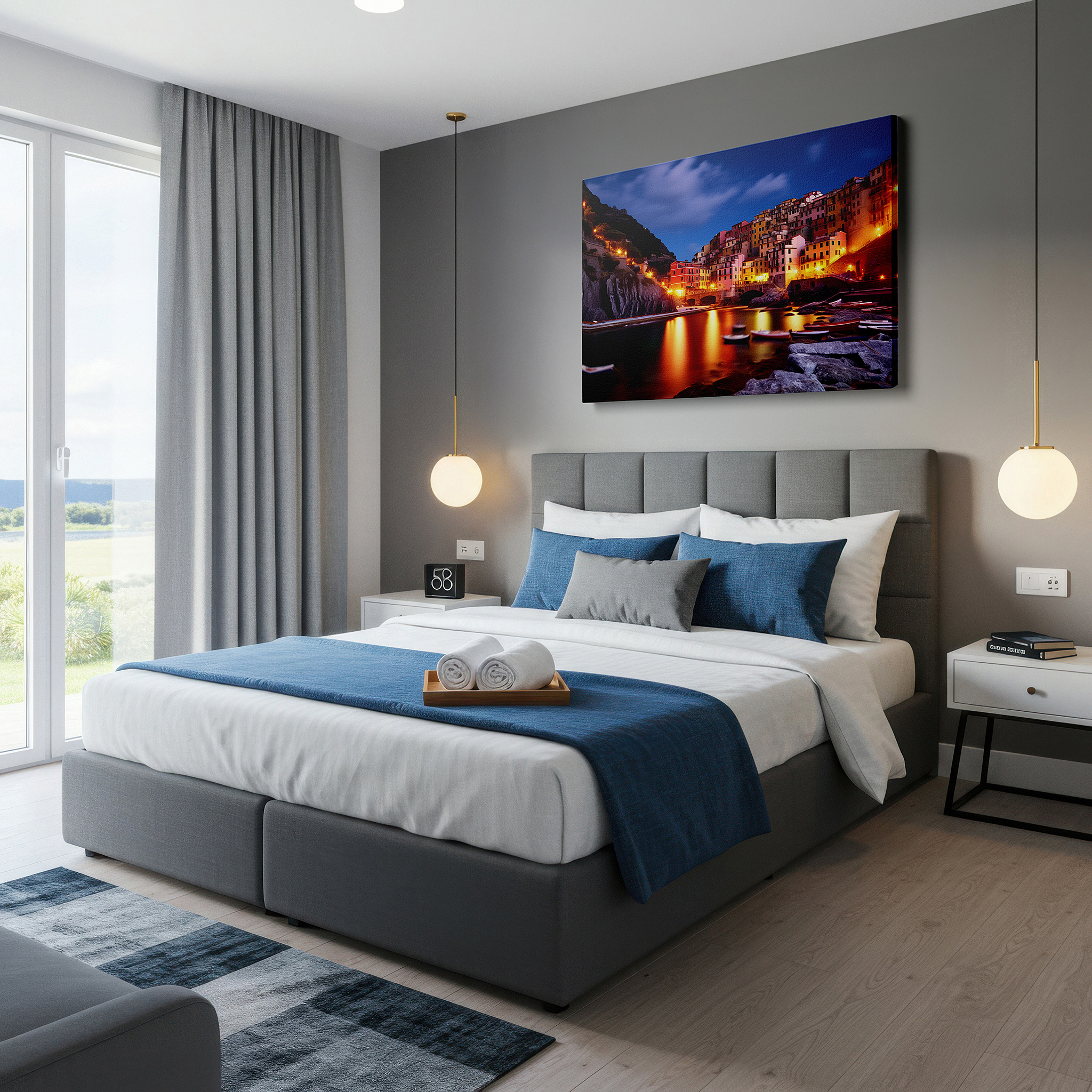 Framed by abstract decor and natural-toned accessories — moonlit coastal village - large canvas wall art depicting a serene and quaint village with warm radiance, perfect for office or bedroom decor