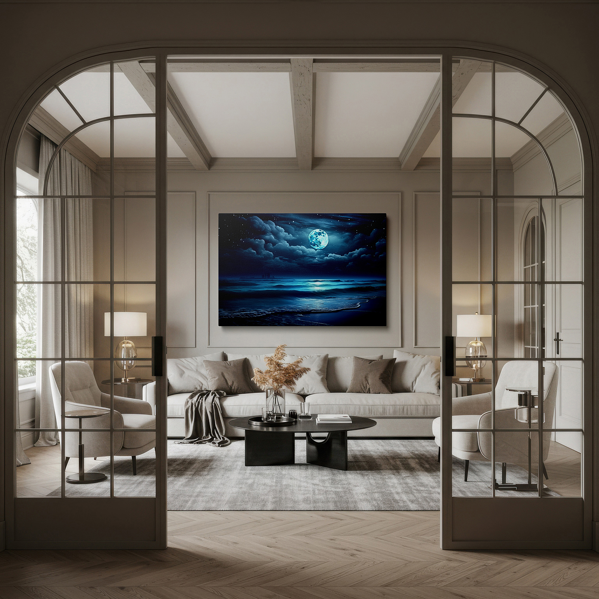Framed by abstract decor and natural-toned accessories — moonlit seascape: serene glow of a tranquil ocean under starry skies - large canvas wall art for office and bedroom decor