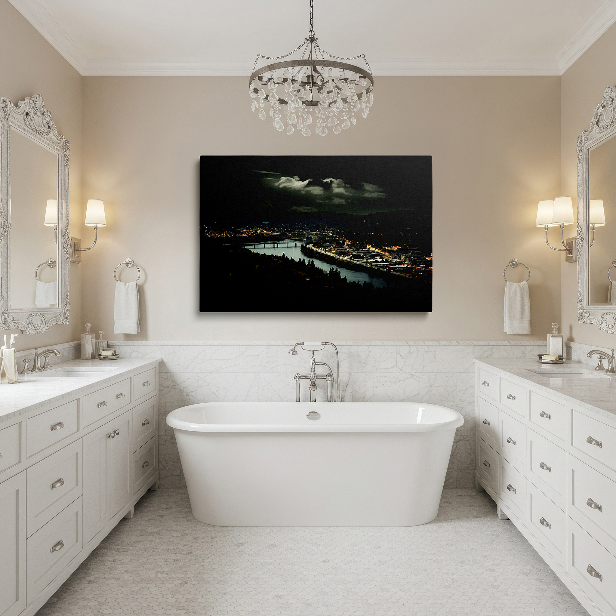 Framed by abstract decor and natural-toned accessories — moonlit tranquil river valley: a nocturnal blend of nature and urban elegance - large canvas wall art for home and office decor