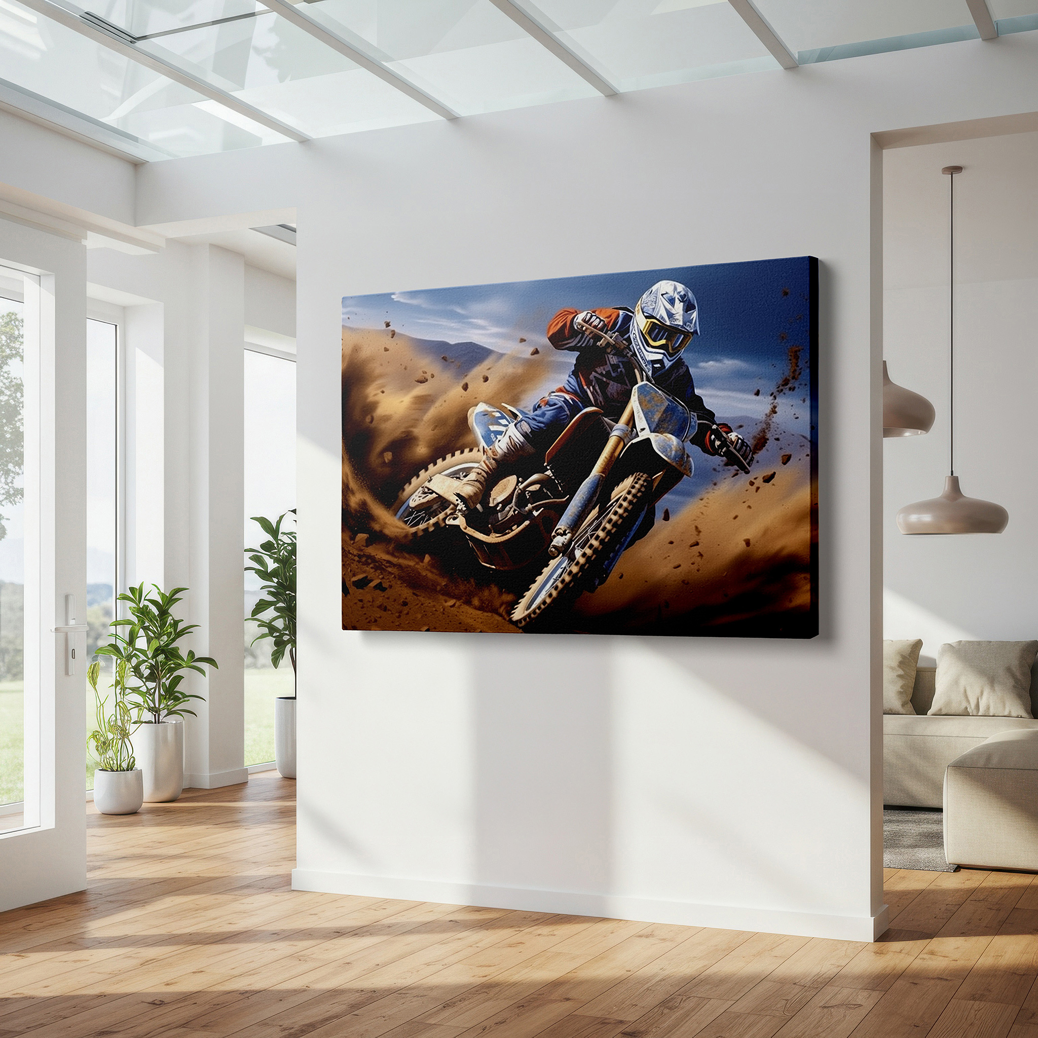 Framed by abstract decor and natural-toned accessories — motocross racer wall art: dynamic scene with swirling dust, symbolizing motion and excitement - large canvas for home or office decor
