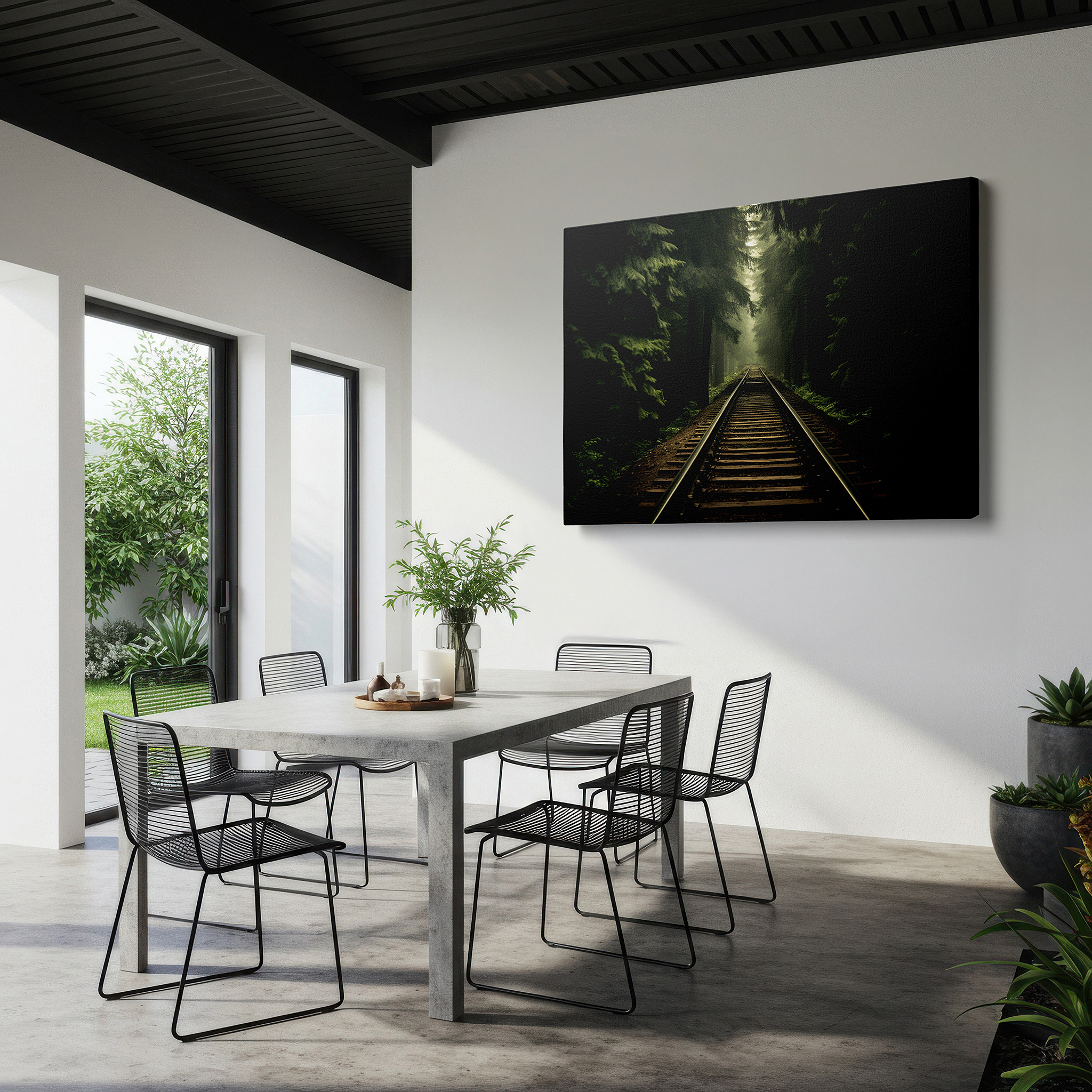 Framed by abstract decor and natural-toned accessories — mysterious mist-covered railway tracks through a lush forest, large wall art, canvas wall art, wall decor for office