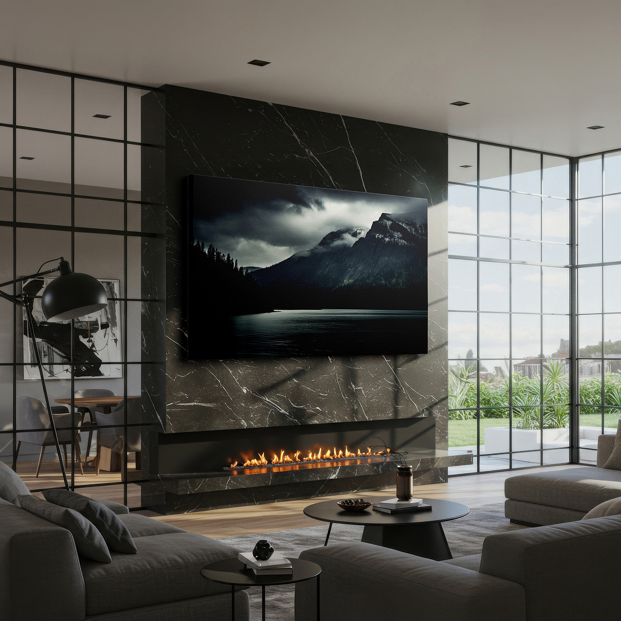 Framed by abstract decor and natural-toned accessories — mystical mountain peaks and tranquil waters canvas print, large wall decor for office and bedroom