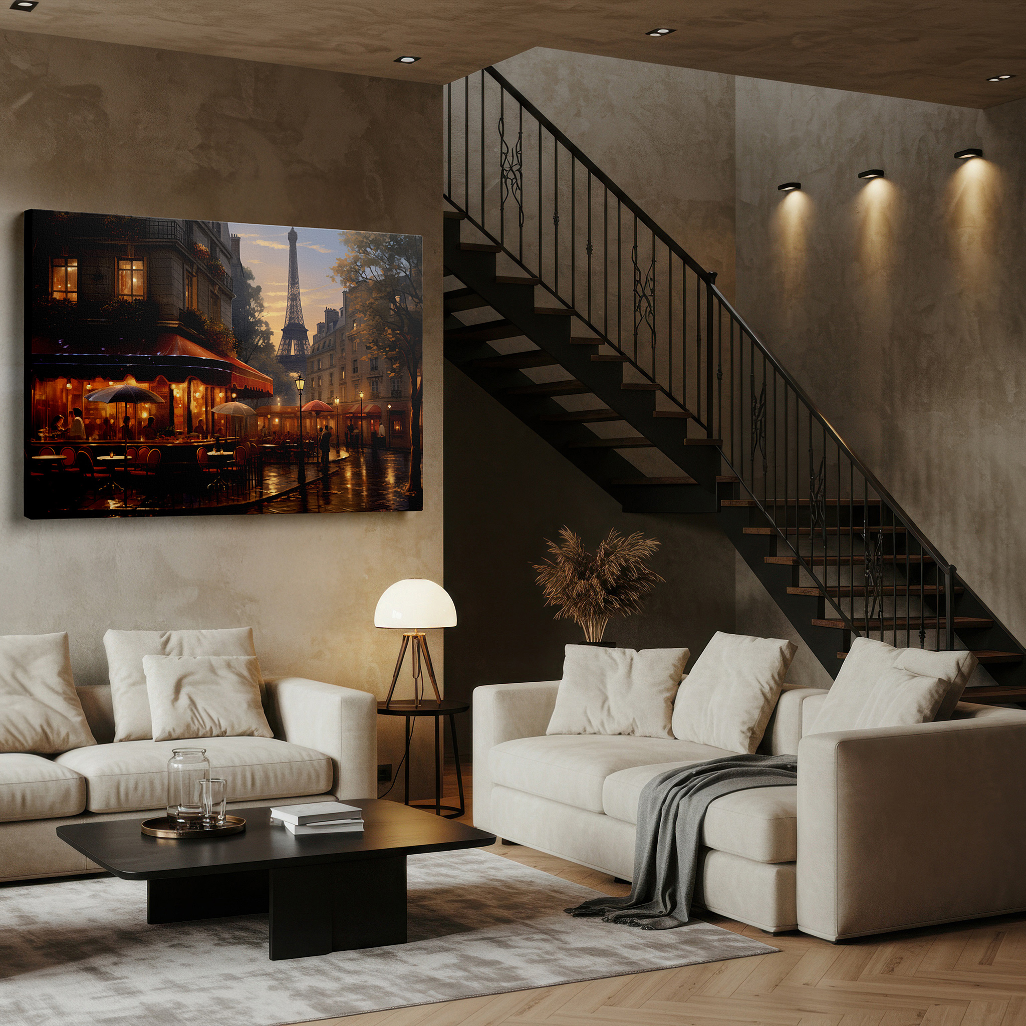 Framed by abstract decor and natural-toned accessories — parisian café at dusk wall art featuring the eiffel tower - vibrant city life and romantic landmarks canvas print for home and office decor