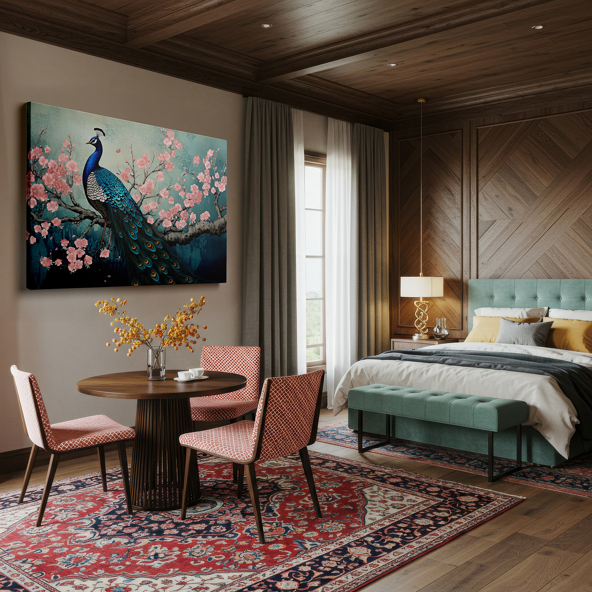 Framed by abstract decor and natural-toned accessories — peacock and cherry blossoms wall art: experience tranquility and elegance with this large canvas decor for offices and bedrooms