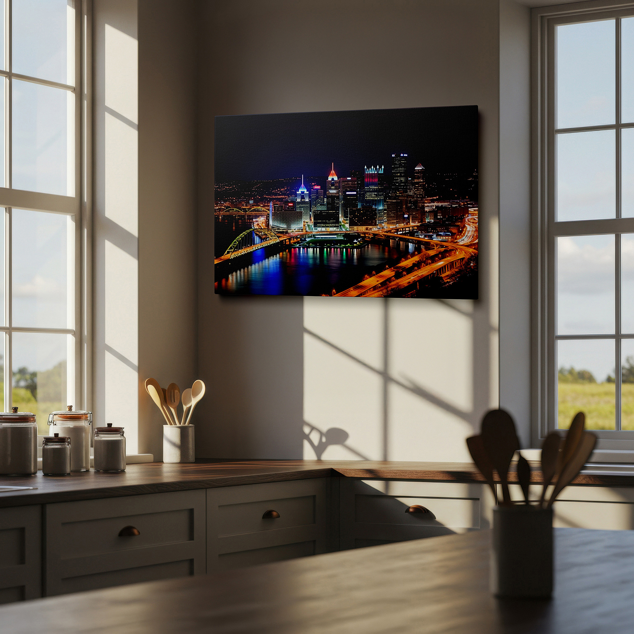 Framed by abstract decor and natural-toned accessories — pittsburgh's nighttime beauty: a wide-angle display of glowing skyscrapers and bright bridges - large wall art, canvas wall art, wall decor for office